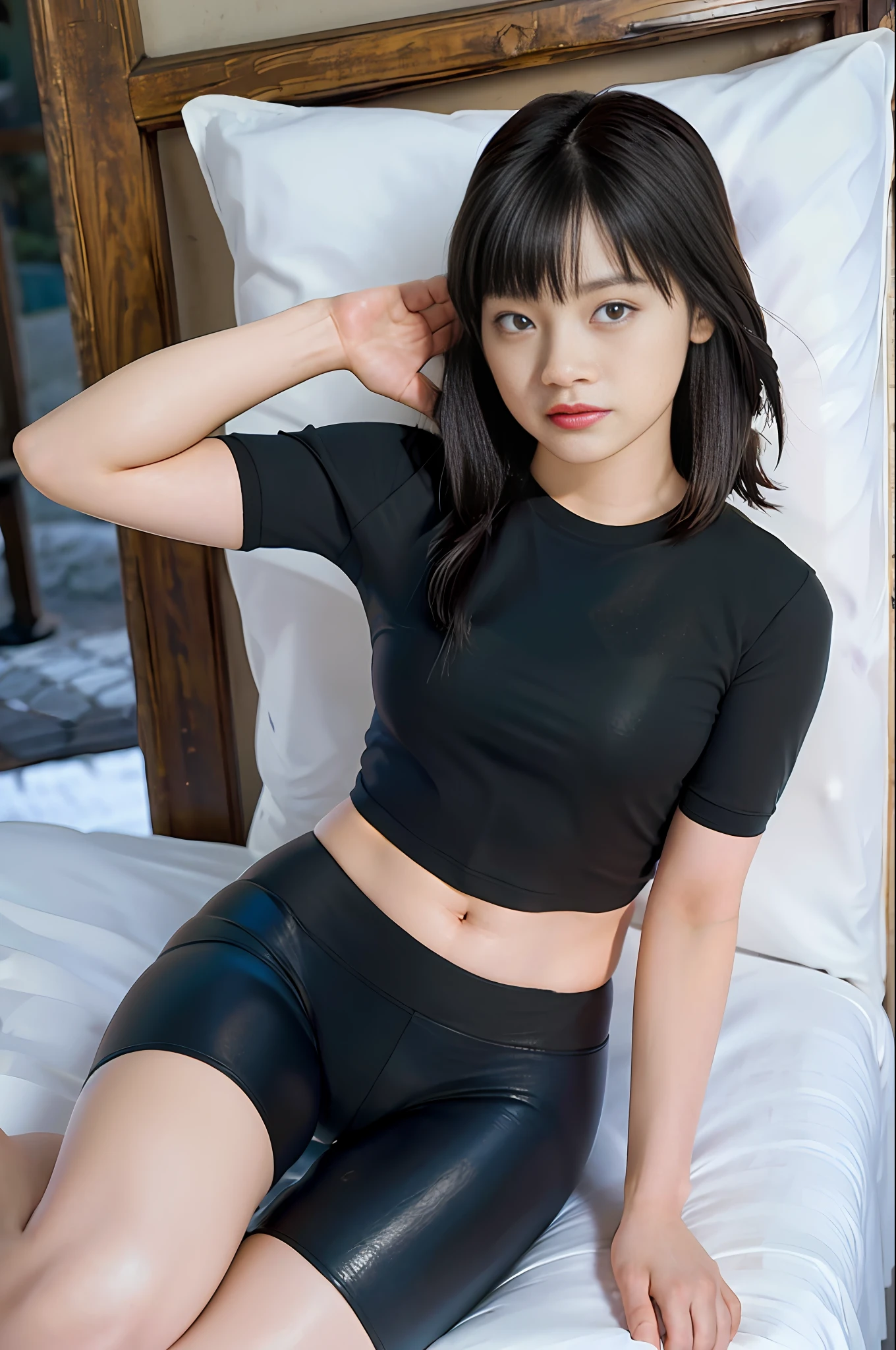 masterpiece, masterpiece, best quality, best quality, real, unity, 8k wallpaper, official art, highly detailed cg unity 8k wallpaper, ulzzang-6500, (original: 1.2), (real: 1.4), ultra detailed, high resolution, ultra detail,stunning, fine detail, cinematic lighting, ((long black spandex shorts: 1.37)), simple costumes, (8k, RAW photos, top quality, masterpiece: 1.27), (realistic, photorealistic: 1.37), one girl, cute, professional lighting, physically based rendering, handsome, masterpiece, top quality, high resolution, bed, sleeping on your back, projected from above.
