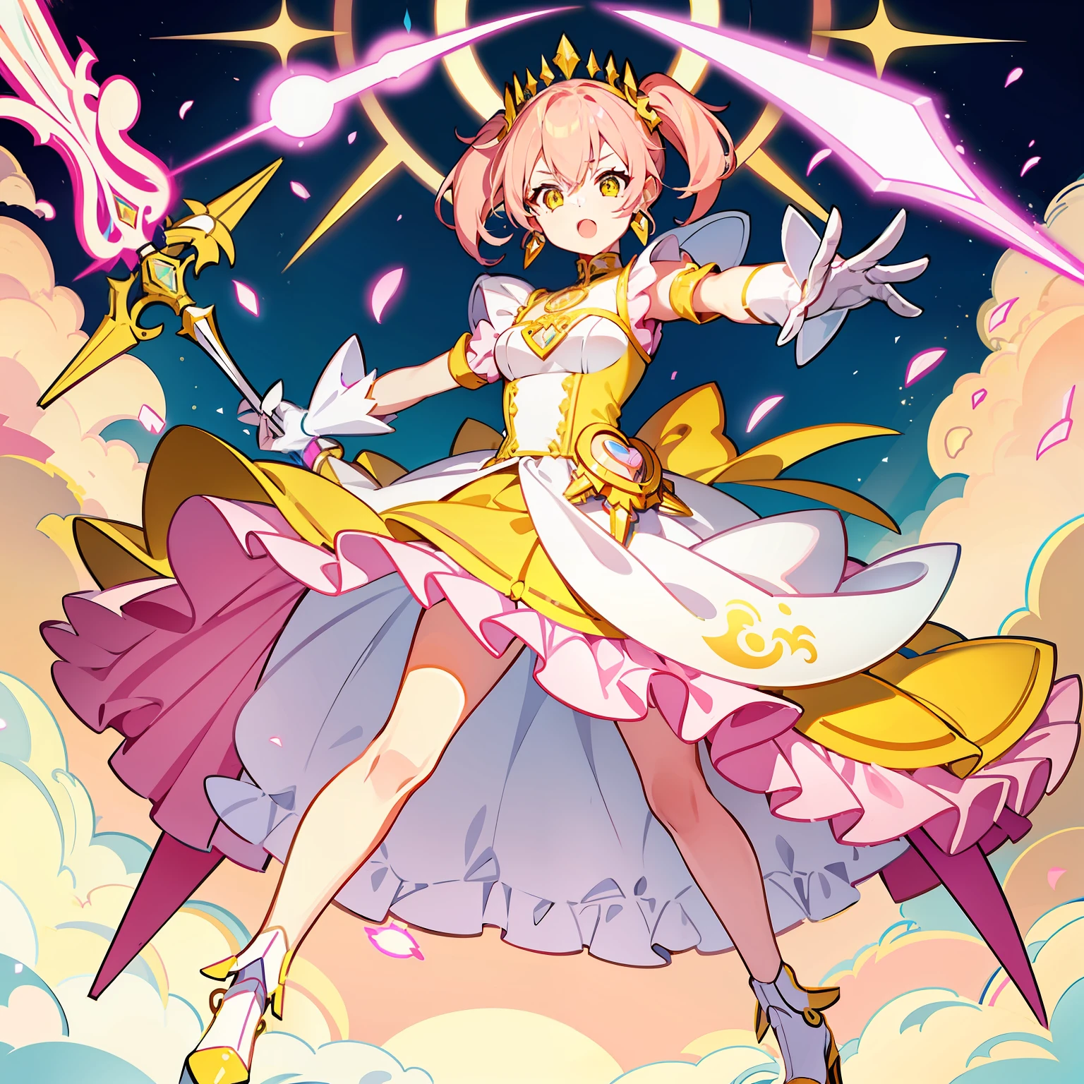 1 girl, yellow and pink dress yellow, pink hair, white gloves, lenses, small breast, heels, tiara, earrings, sword in her right hand and a shield in her left hand, in action pose