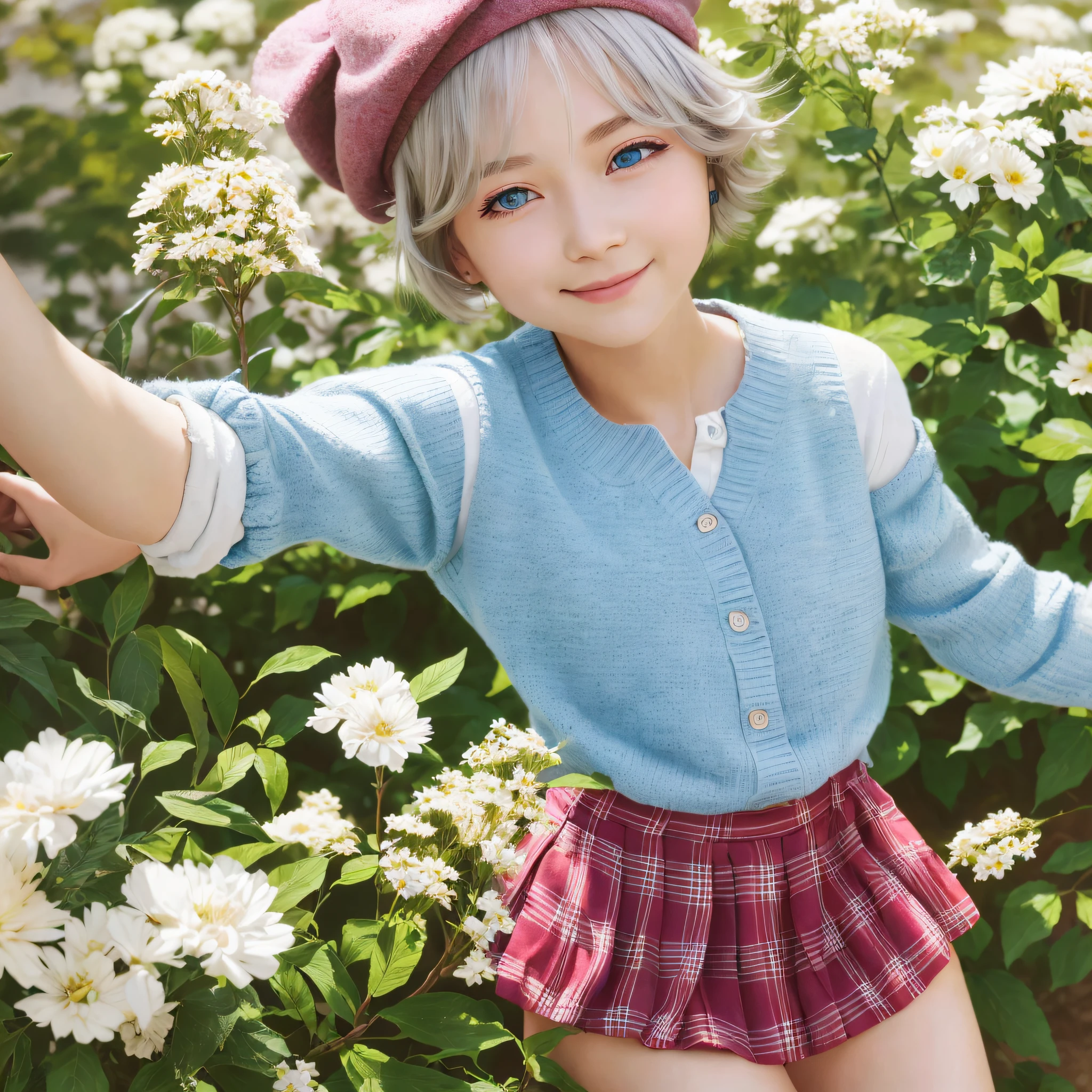 (absurdres),(masterpiece), (best quality), (ultra detailed), (highres), (illustration:1.4), (detailed face:1.3), (highlights in eyes:1.3)(detailed hair:1.3), (detailed skin:1.3),photorealistic, realistic,BREAK 1girl,15yo,kawaii,(short hair, bob cut, silver hair,pink inner hair,beautiful detailed hair ),(blue eyes),faint lips,happy smile,medium breasts,BREAK ,summer,outdoors,(beret,knit vest,plaid skirt),cowboy shot,green garden,clear sky,sunshine,white birds,from above, (holding bouquet),dynamic angle,behind arms,