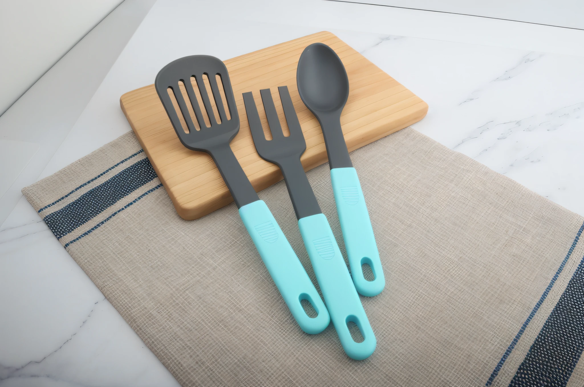 there are three blue utensils on a wooden cutting board, metal kitchen utensils, spoon placed, spatula, fork fork fork, blueish, plastic ceramic material, spoon, high qualit, product introduction photo, cutlery, fork fork, cuisine, pleasant, easy, cast iron material, random, 3delight, flat, fork, spoon slim figure