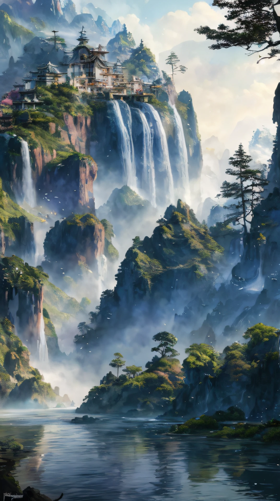 painting of a waterfall in a mountainous area with a house on the top, vertical wallpaper, 4 k vertical wallpaper, 4k vertical wallpaper, 8k vertical wallpaper, 8 k vertical wallpaper, ross tran. scenic background, beautiful mattepainting, 4 k matte painting, detailed scenery —width 672, beautiful iphone wallpaper, avatar landscape, inspired by Raphael Lacoste