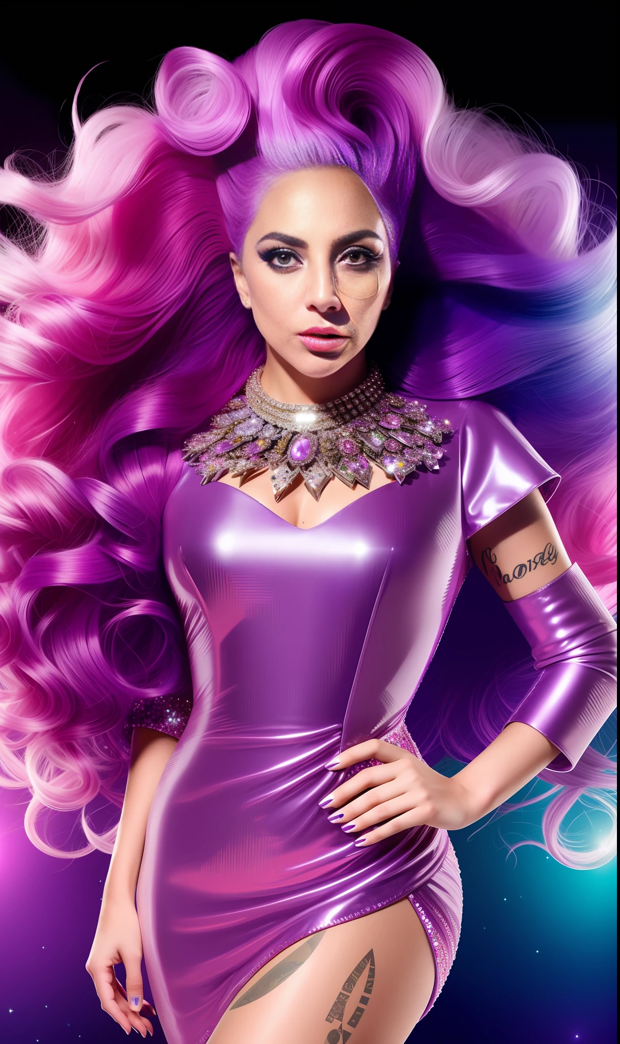 Lady Gaga photo, 4K texture, high quality, extravagant hairstyle, original album cover, colorful dress with diamonds, 8k image, futuristic, high image quality, at night, hair accessories, 8k image, realistic face in high quality, full body, different poses, violet hair, robotic pink dress