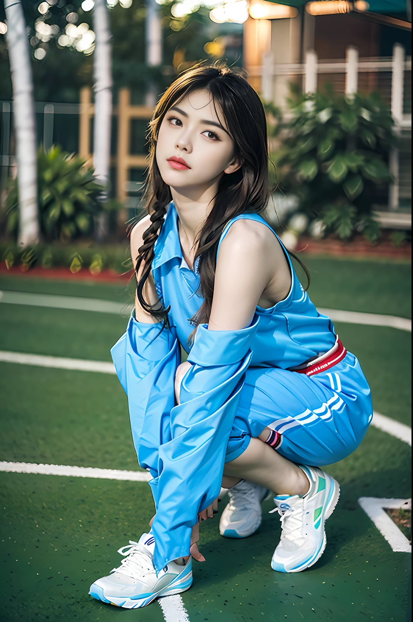 (8k, Best Quality, Masterpiece: 1.2), (Realistic, Realistic: 1.37), Ultra Detailed, Best Quality, Ultra High Resolution, Professional Lighting, Photon Mapping, Radiosity, Physically Based Rendering, Cinematic Lighting, Basketball court, depth of field, clear focus, sunlight, good composition, (bokeh: 1.2) 1girl, solo, (full body), (closed mouth), beautiful and detailed eyes, pose, narrow waist, basketball uniform, black hair , messy hair, long hair blowing in the wind, (ulzzang-6500:1.2) mix4, hiqcgbody