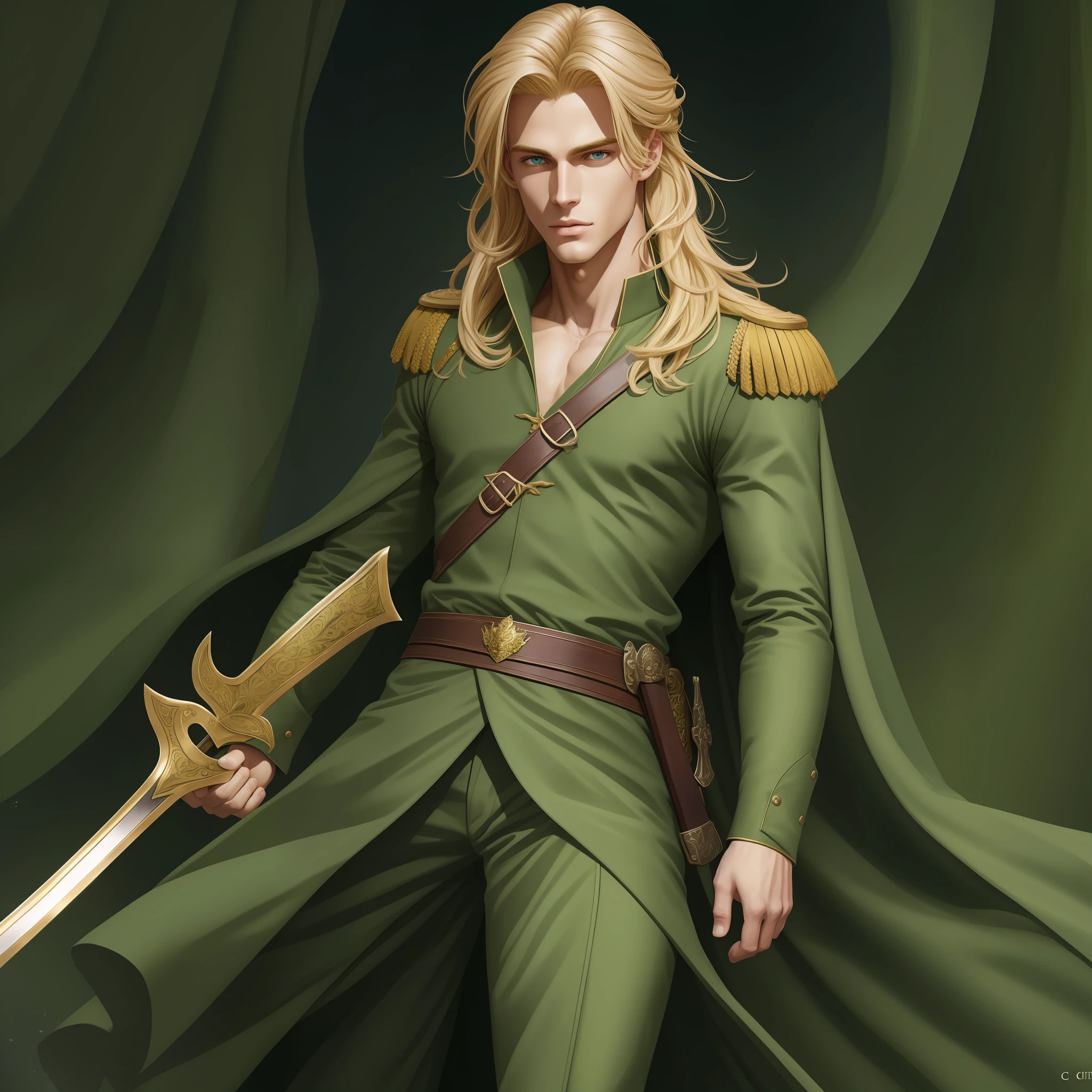 Neels Visser is a prince who has golden blonde hair, wears a moss green medieval military outfit, looking forward with piercing emerald green gaze. full body with a sword in the sheath of the waist side, art by Citemer Liu