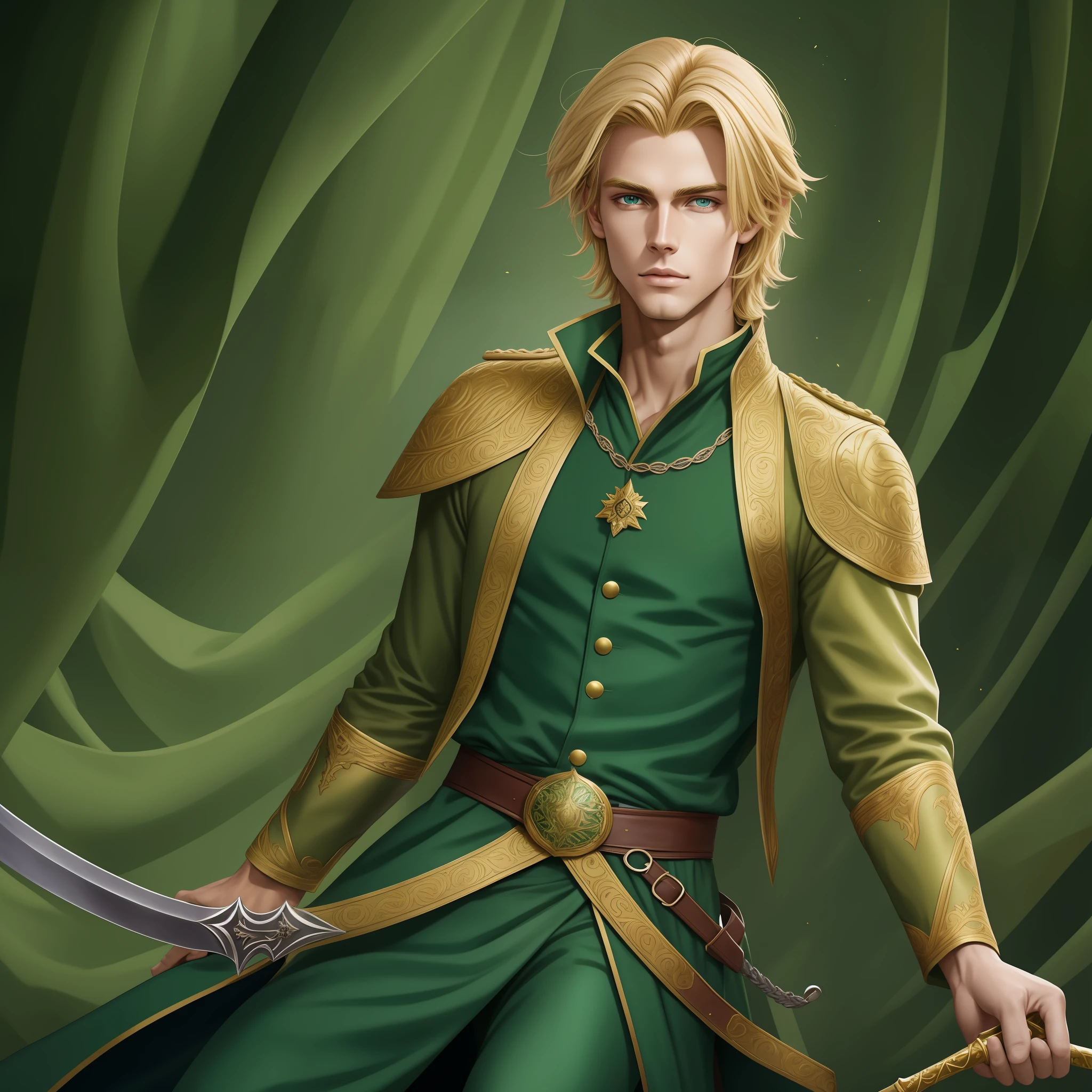 Neels Visser is a prince who has golden blonde hair, wears a moss green medieval military outfit, looking forward with piercing emerald green gaze. full body with a sword in the sheath of the waist side, art by Citemer Liu