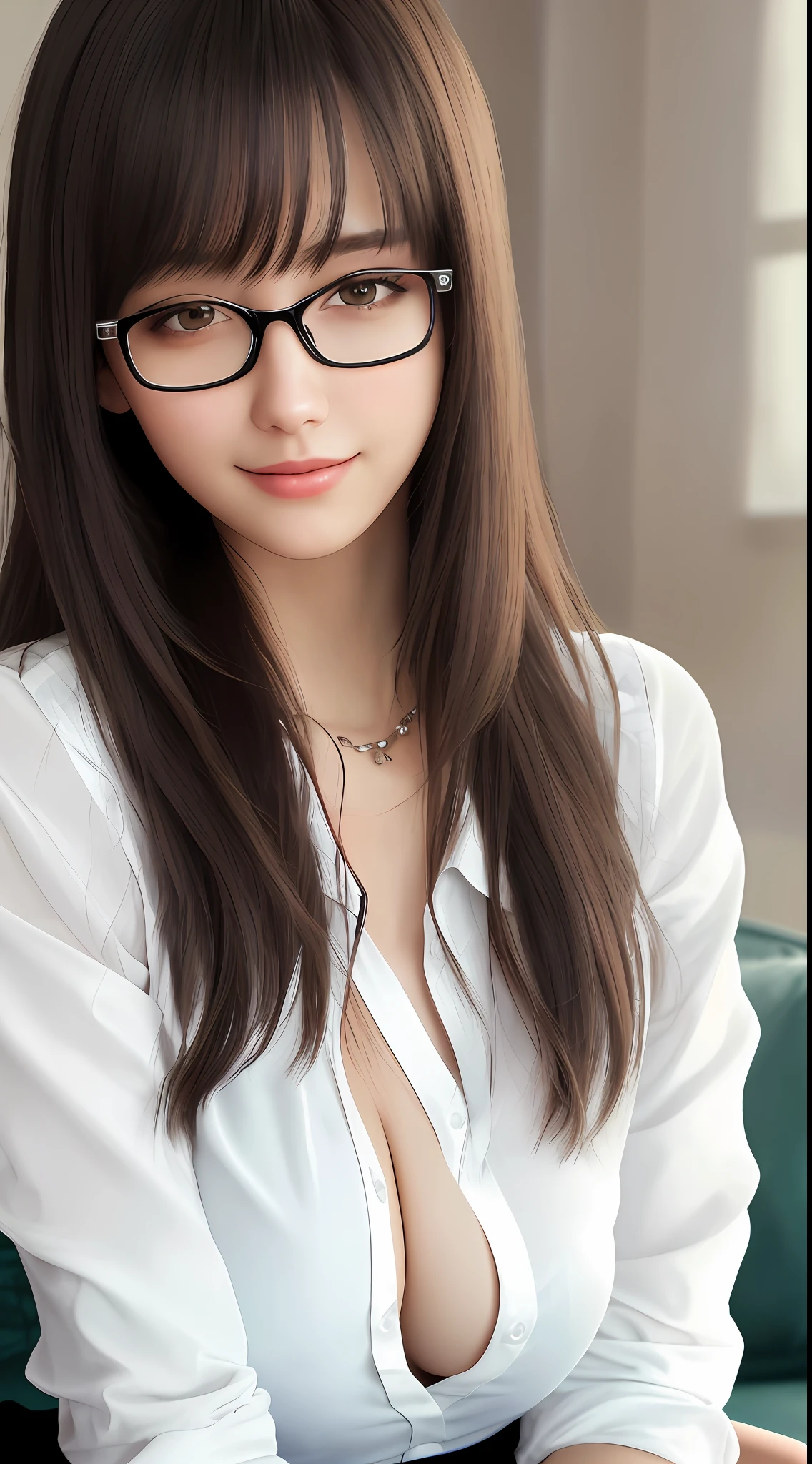 Best quality, super detail, masterpiece, fine detail, high resolution, portrait, 8k wallpaper, realistic details, clothing details, skin details, detailed eyes, photoshop \(medium\), slim body, 1 girl, 22 years old, beautiful eyes, bare skin, well-formed face, bangs, long hair, black hair, blunt bangs, huge, school uniform, cleavage visible from white shirt, (seductive smile), , bedroom, Close-up, on the couch, wearing glasses, wearing a skirt