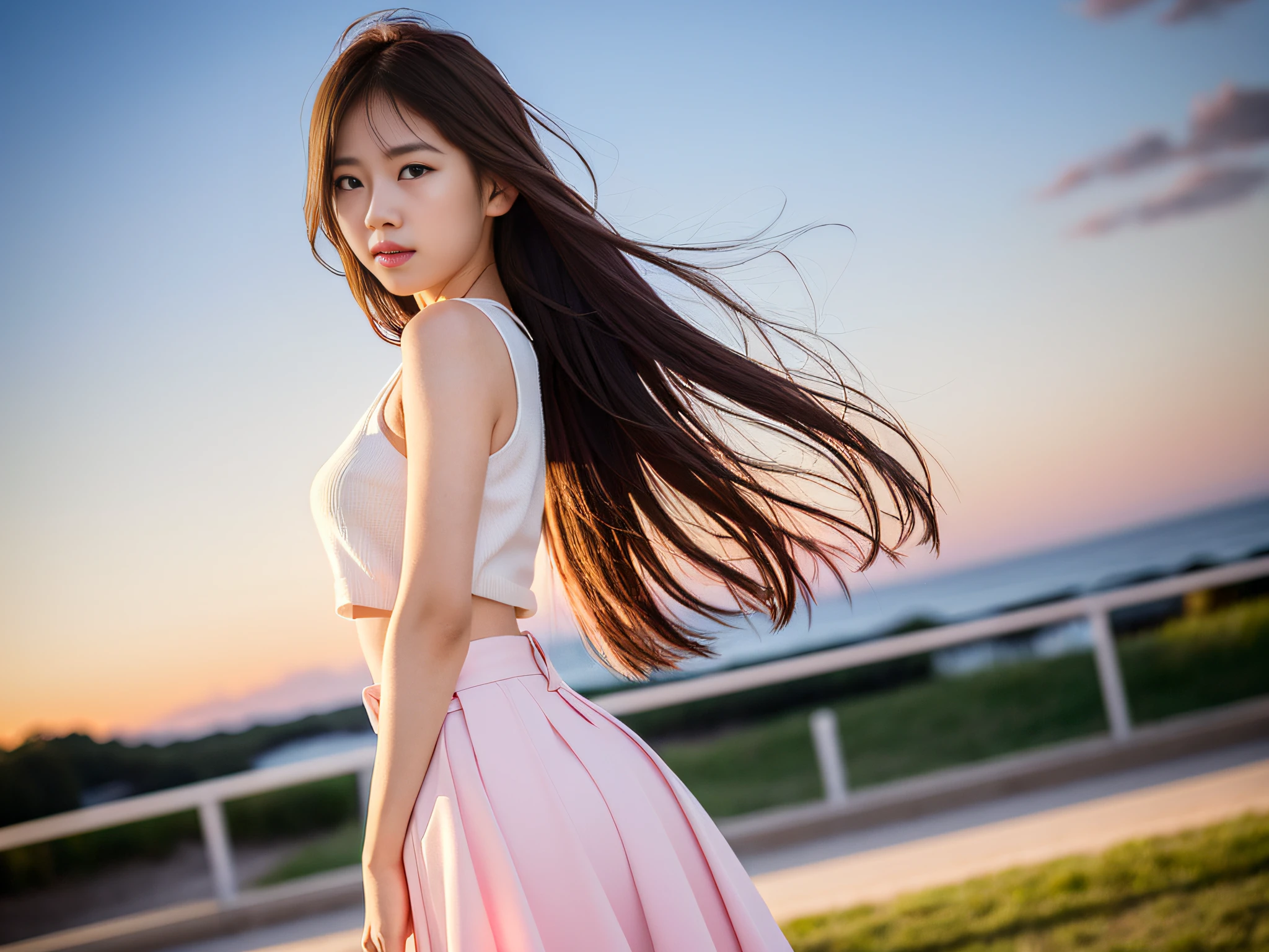 Solo, One Woman, One Woman, long_hair, Nanase Nishino, Haruka Kaki, Summer, Flared Skirt, Summer Festival, Night Sky, Blur Background, (8K, RAW Photography, Best Quality, Masterpiece:1.2), (Realistic, Photorealism:1.37), Professional Lighting, Photon Mapping, Radiosity, Physically Based Rendering