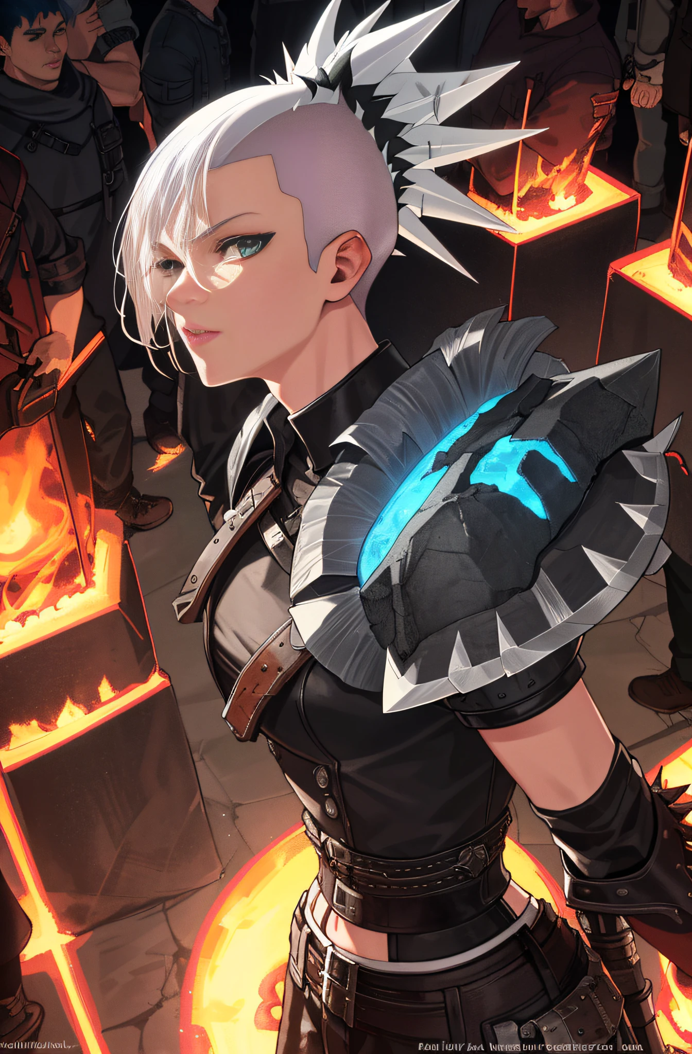 Solo, Highest quality, Masterpiece, Dynamic, Highly detailed CG, Highly detailed 8K wallpaper, Bird&#39;s eye view, Highly detailed character, Standing upright, Side view (very detailed and beautiful portrait), Medium bust, Beautiful lines ,woman with silver Mohawk and blue leather armor exploring hell, shaved head sides, (platinum hair:1.4), shiny floors, rogue, wrapped hands, (mohawk:1.5), strong, (character focus:1.2), gates of hell, fiery smoke in the distance, deep dungeon, poison flasks, portrait, solo, clear focus, (((side shaved hair))), tomboy girl, Mohawk, green eyes, detailed portrait, looking at viewer, (around crowd:1.4), demons in background
