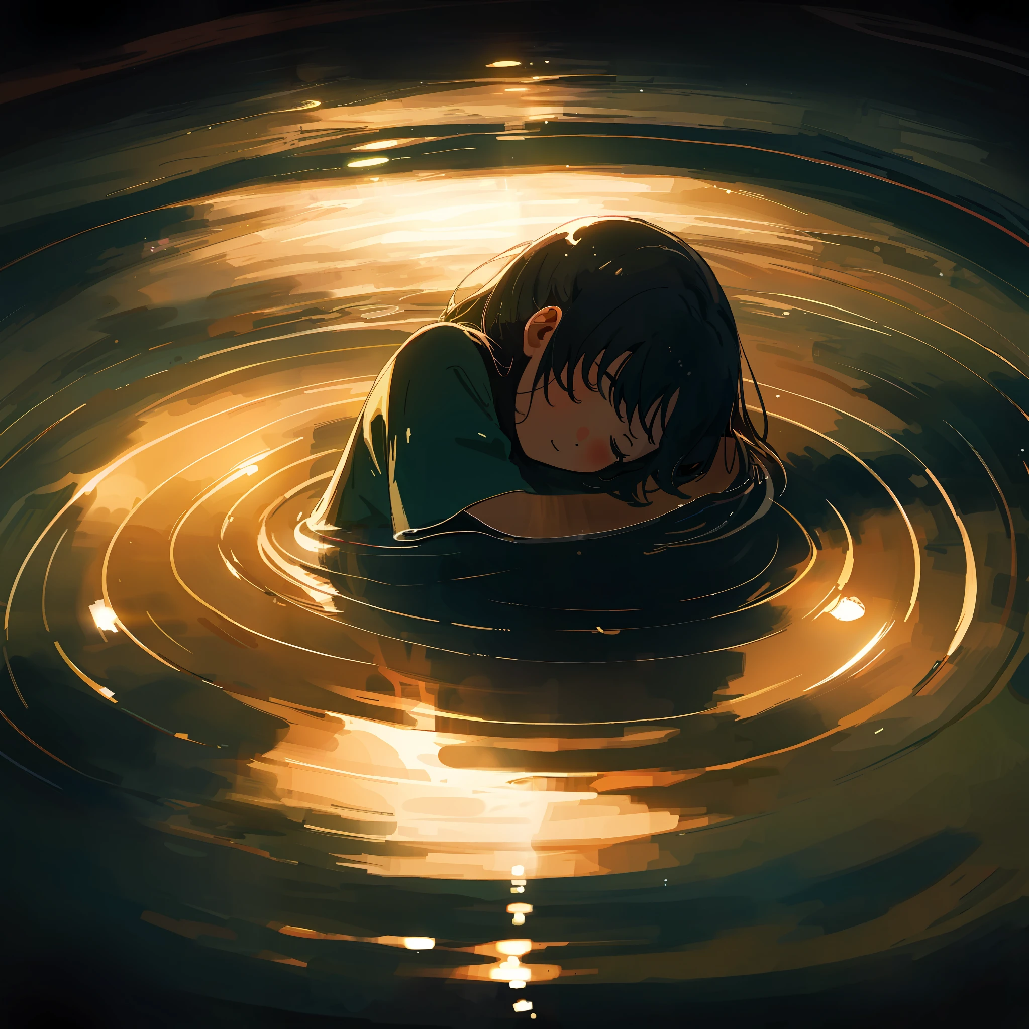 a girl sleeping, dark background, large circular space, the girl in the center, agua cubriendo el lugar entero