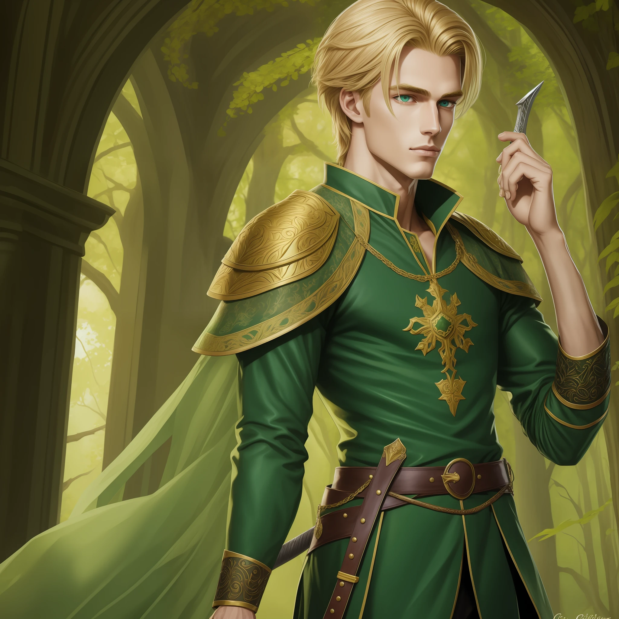 Neels Visser is a prince who has golden blonde hair, wears a moss green medieval military outfit, looking forward with piercing emerald green gaze. full body with a sword in the sheath of the waist side, art by Citemer Liu