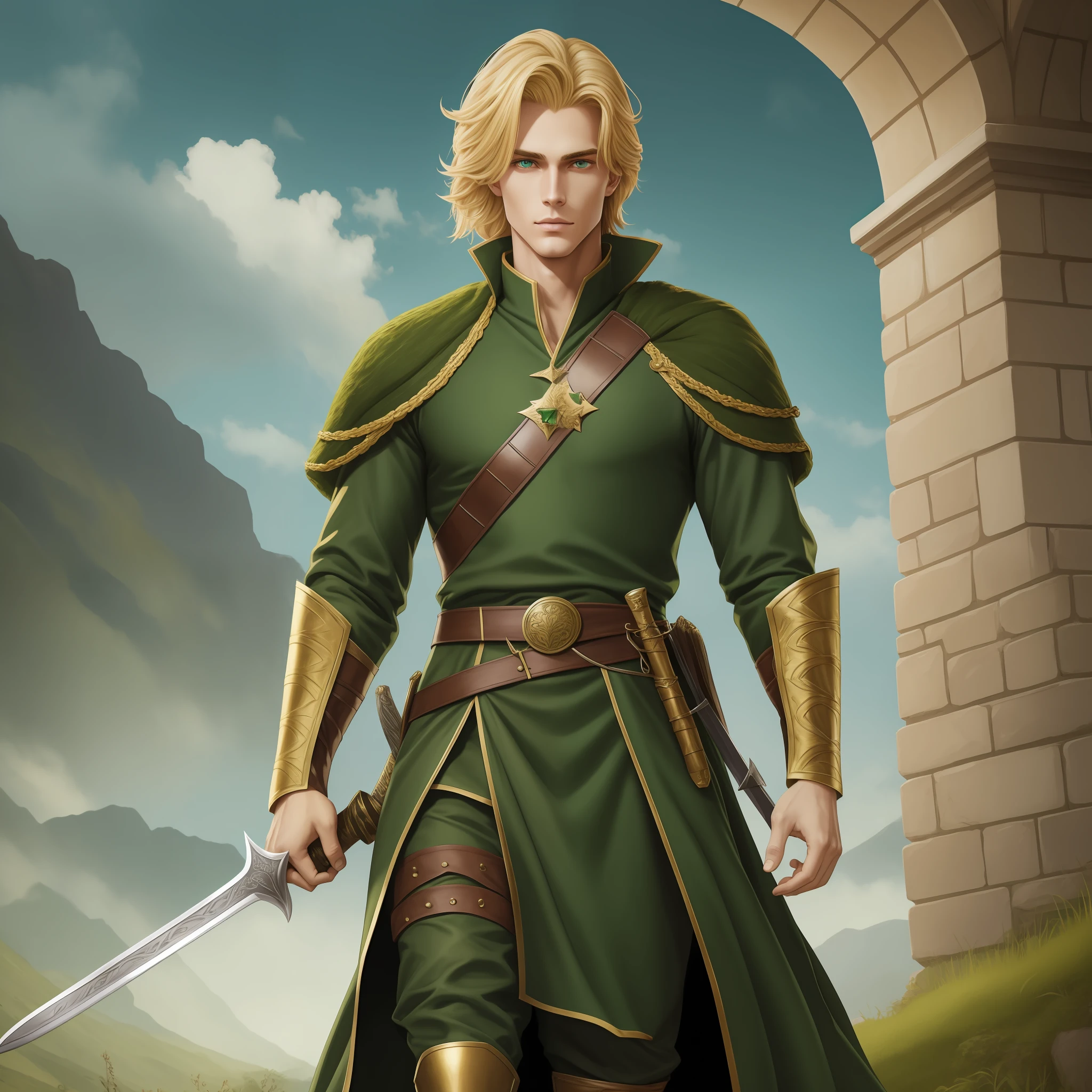 Neels Visser is a prince who has golden blonde hair, wears a moss green medieval military outfit, looking forward with piercing emerald green gaze. full body with a sword in the sheath of the waist side, art by Citemer Liu