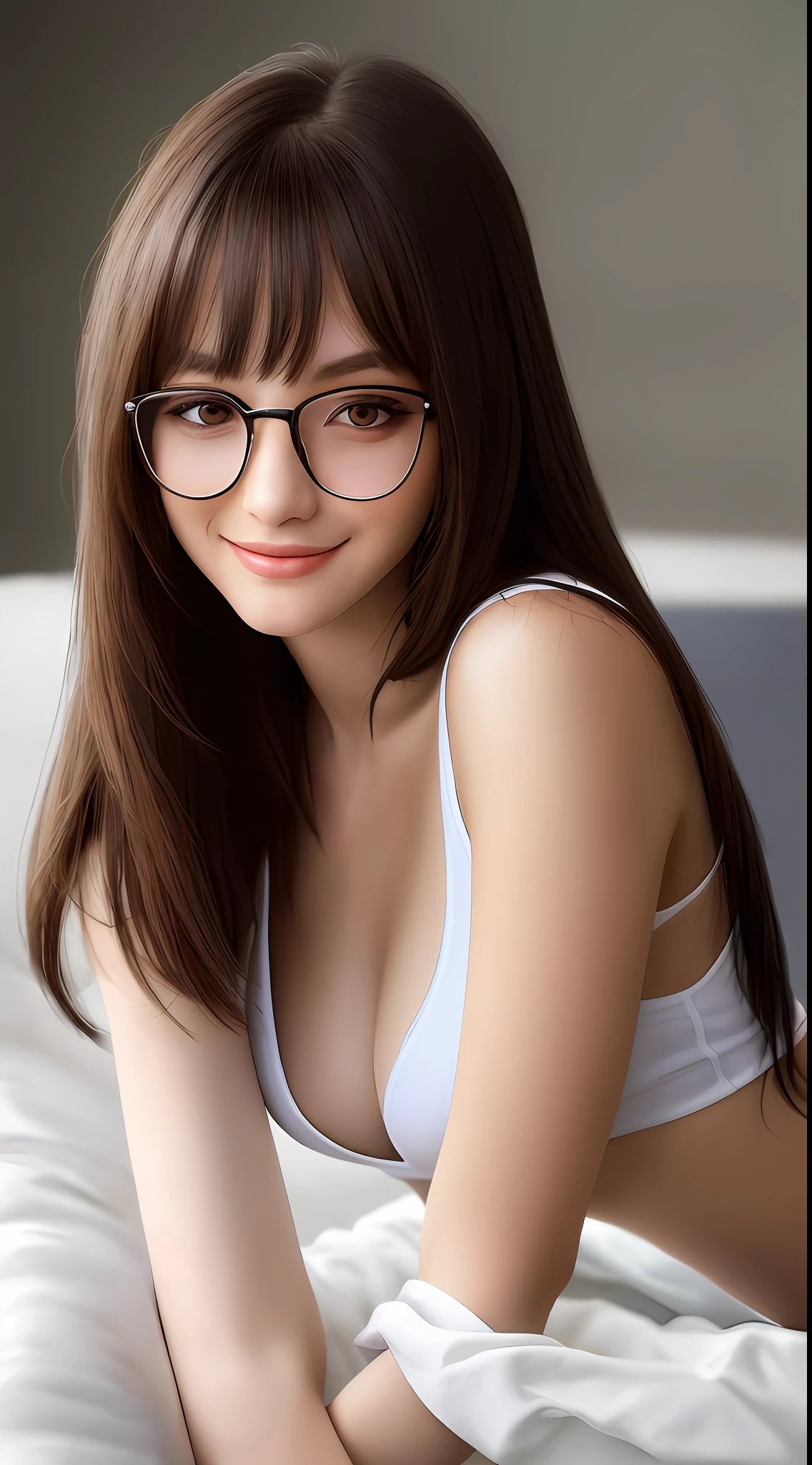 Best quality, super detail, masterpiece, fine detail, high resolution, portrait, 8k wallpaper, realistic details, clothing details, skin details, detailed eyes, photoshop \(medium\), slim body, 1 girl, 22 years old, beautiful eyes, bare skin, well-formed face, bangs, medium hair, brown hair, blunt bangs, huge, wearing school uniform, cleavage visible from white shirt, (seductive smile), , bedroom, Close-up, on the couch, wearing glasses, wearing a skirt