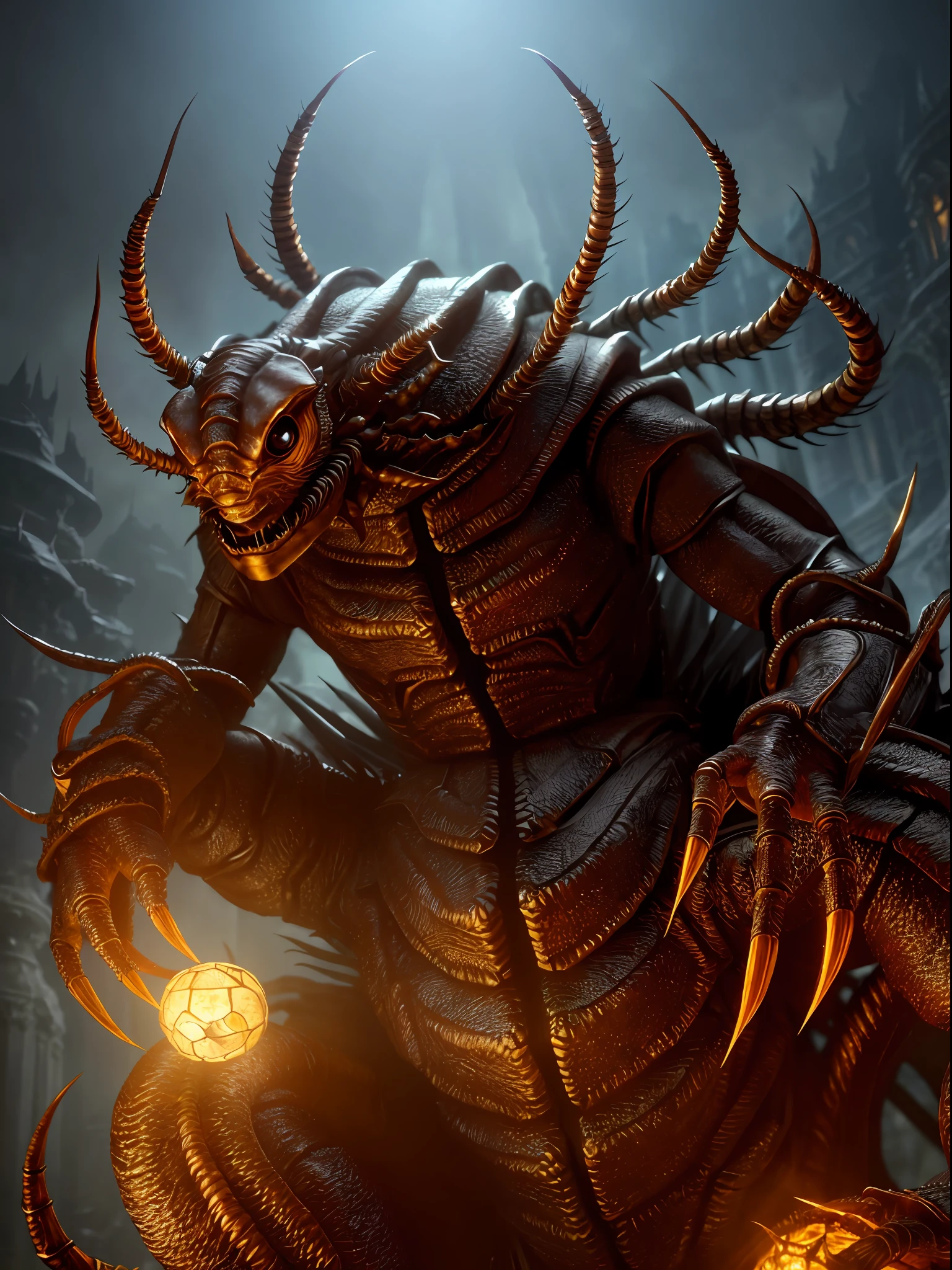 eldritch heretic monster, centipede deity, close up, cinematic shot, seated on an insectoid throne, swarm deity, stunning face, frightening appearance, backlight, mesmerizing entity, goddess of swarm, cockroach, void creature, strange light, unhuman creatures, thousands insect legs, (masterpiece:1.2) (photography:1.2) (best quality) (detailed) (intricate) (8k) (HDR) (cinematic lighting) (sharp focus), complex composition, !, realistic, WLOP, dark fantasy, intricate details ::-1.4K photorealism, hyperrealism, octane render, unreal engine 5, Octane rendering, dynamic lighting, magical and mysterious, mystical, atmospheric, ominous, eerie, dramatic cinematic lighting,