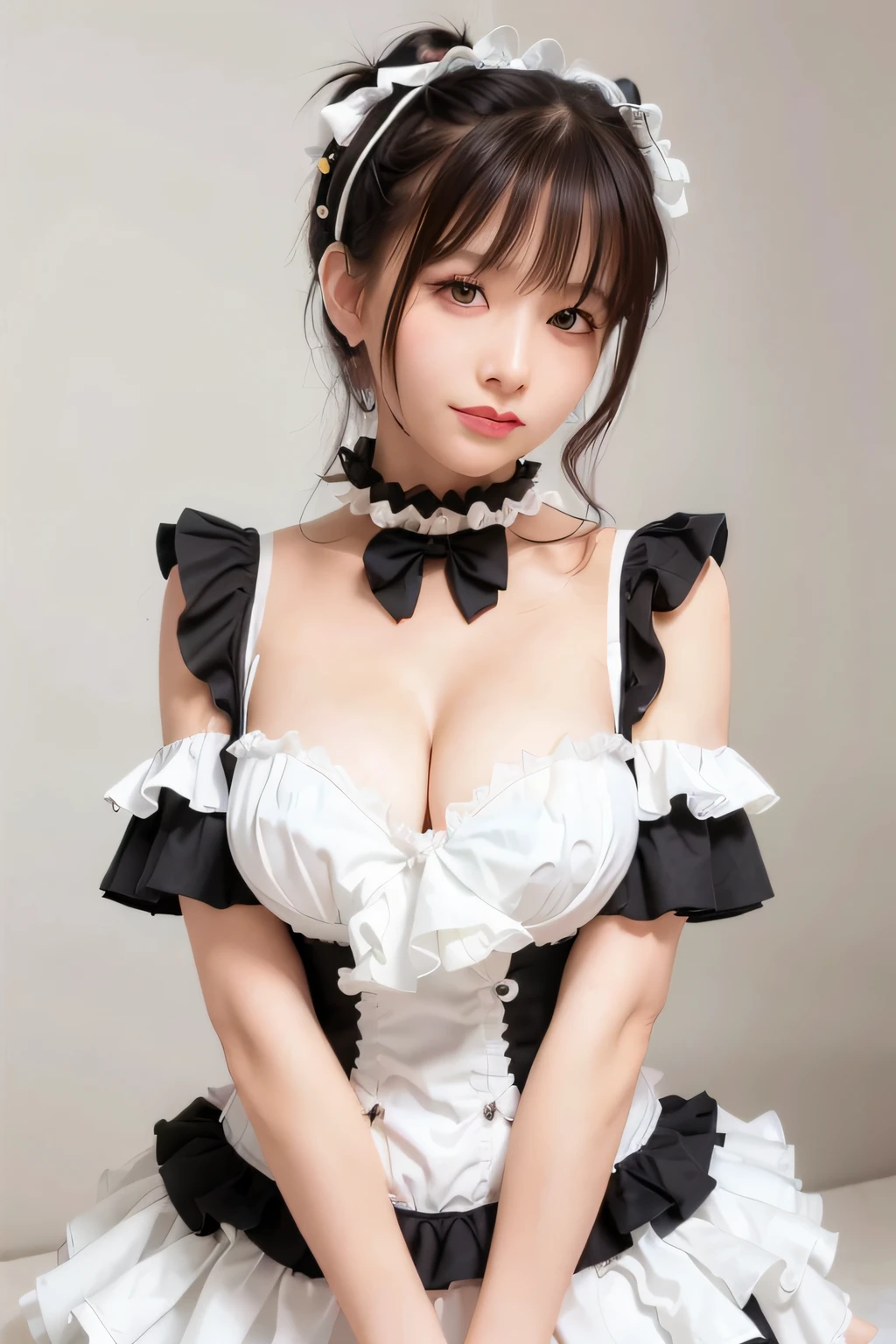 best quality, ultra high res, (photorealistic:1.4), 1girl, ((black and white maid clothes:1)), frills, ribbon, choker, (busty), (cleavage), (curvy), large breasts, (short medium hair:1.4), (looking at viewer)