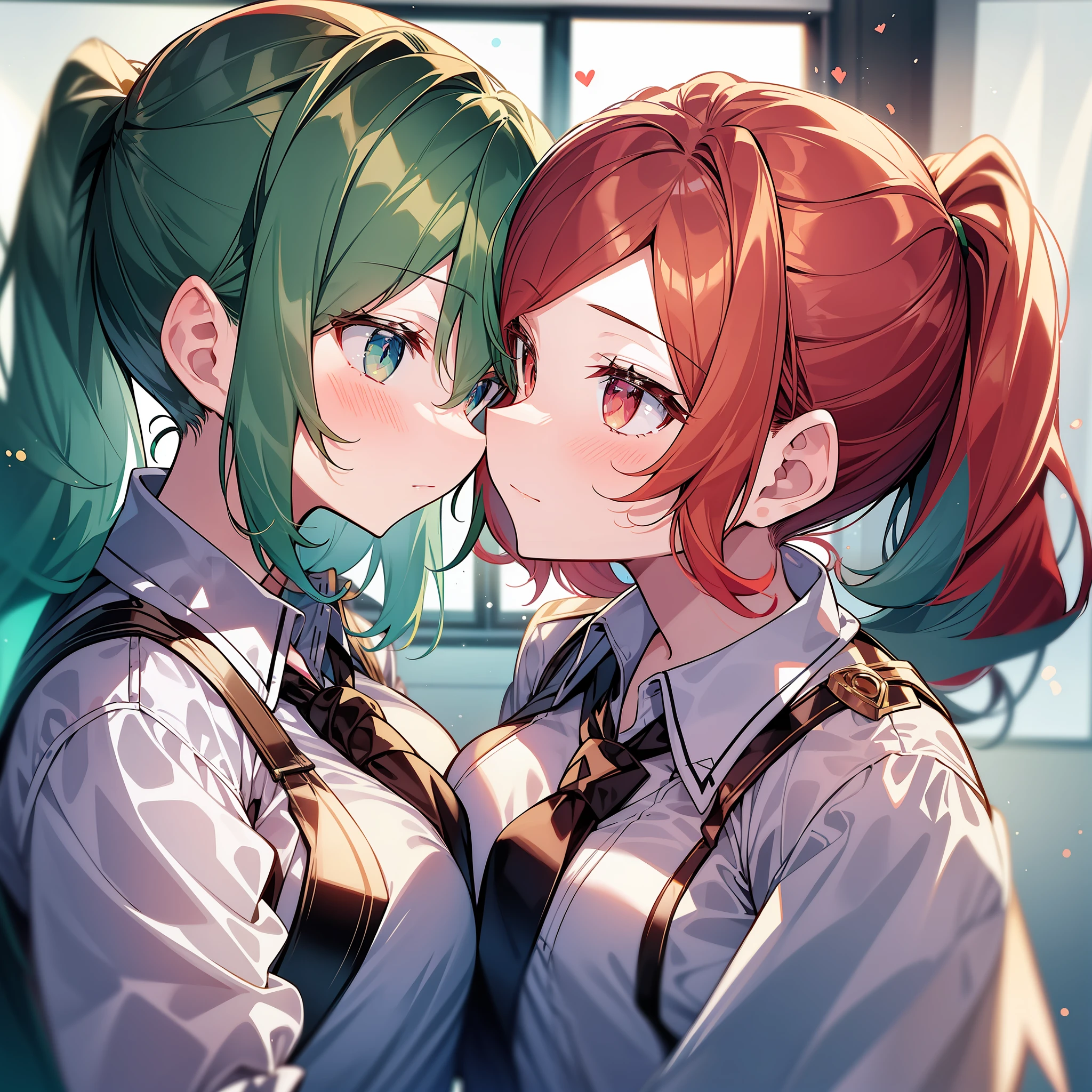 Two girls in school uniforms look at each other and kiss, one with red hair and golden pupils with double ponytail, the other with green hair and red pupils, with a delicate face and a shy expression, and the background is an unoccupied classroom