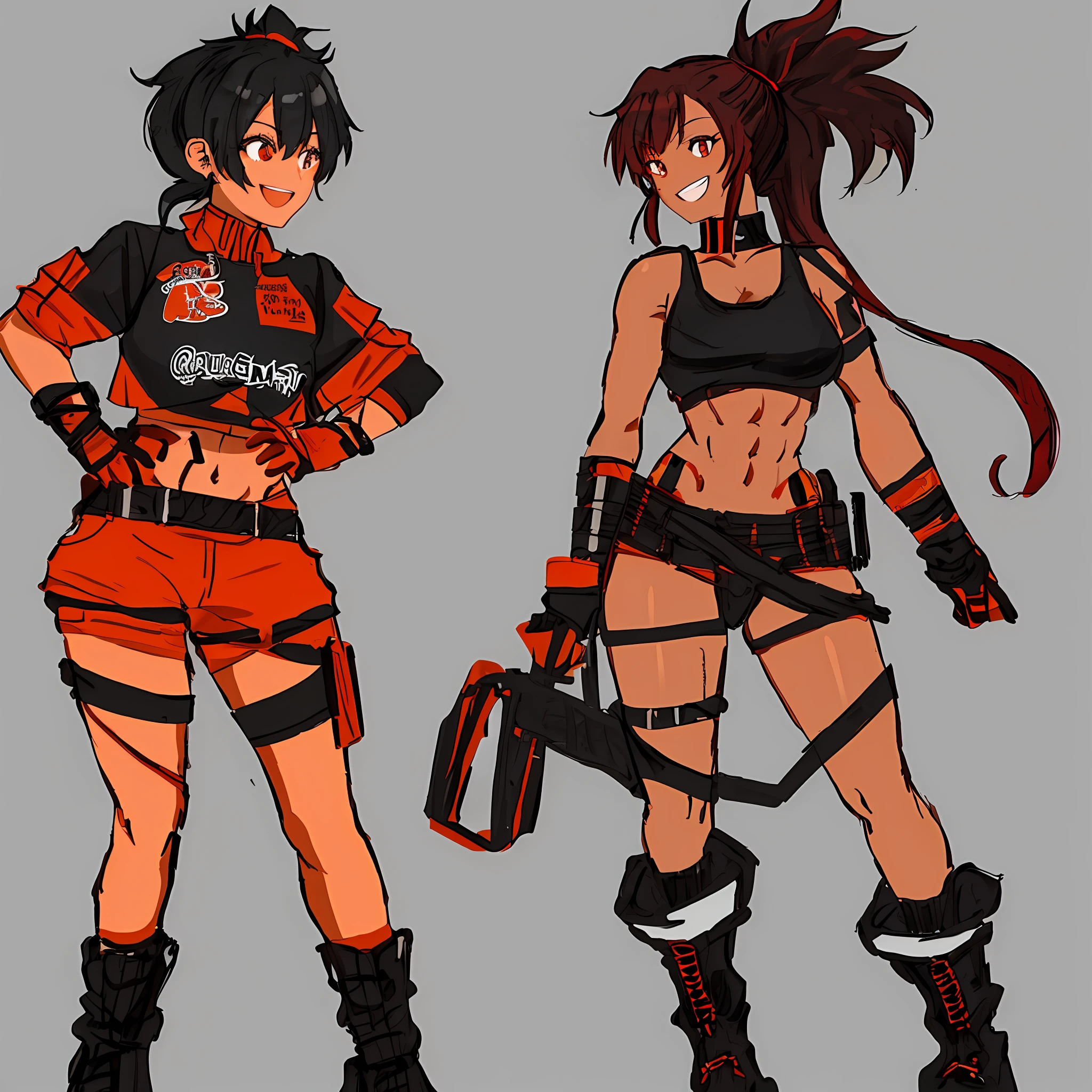 ponytail red and black hair, medium boobs, brown skin, six pack, black top, large black boots, smiling, tall, orange short