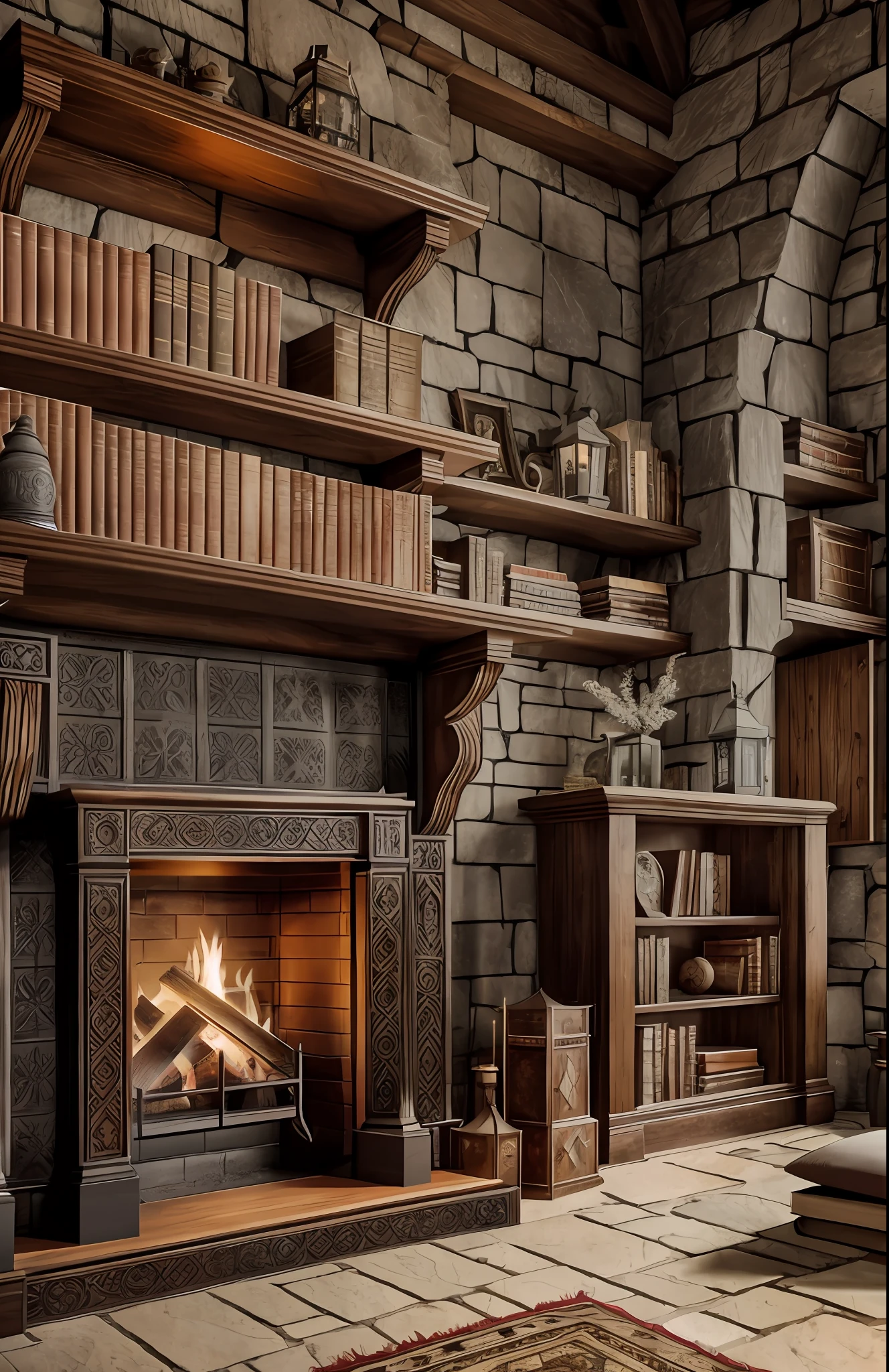 Create a medieval hall of a wizard, without the wizard. Make sure the resulting image captures the essence of the hall, with details that highlight the dark and mysterious atmosphere. Add textures and details to the walls and floor of the hall, such as dark stones and antique wood. Make sure that the furniture and objects in the hall, such as the table, chairs, books and potion jars, reinforce the sense of mystery and magic. Add detail to the fire burning in the fireplace, with realistic flames and light reflections on the walls. Make sure the resulting image is high resolution, with 8K quality." —c 10 —ar 2:3m ask me. --auto --s2