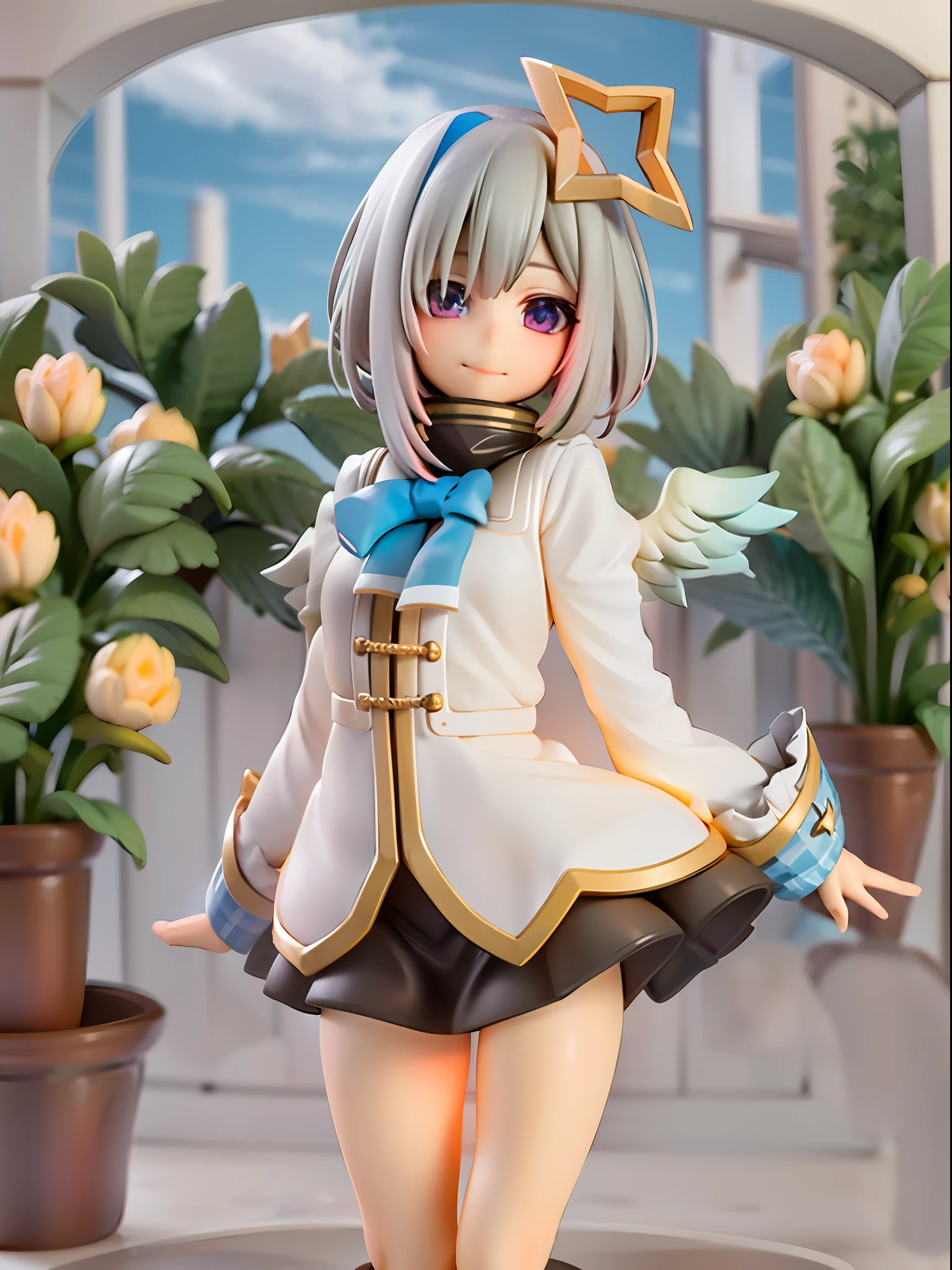 girl, amane kanata, star halo, solo, halo, angel wings, multicolored hair, asymmetrical hair, single hair intake, purple eyes, armband, 
BREAK
short hair, blue hair, grey hair, socks, long sleeves, grey jacket, bob cut, streaked hair, bangs, frills, wide sleeves, white wings, 
BREAK
black skirt, hair over one eye, frilled skirt, blue socks, sleeves past wrists, turtleneck dress, miniskirt, blue wings, cowboy shot, walking, garden,
BREAK
full body, chibi, [realistic], [3d], (3dcg), ((octane render)), [fisheye], smile, closed mouth, full body
BREAK
(8k, RAW photo, best quality, masterpiece:1.2), ultra high res, (((realistic, photo-realistic))), professional lighting, detailed lighting, professional photography, fisheye, dynamic angle, high quality, high res, extremely detailed, bloom
BREAK
depth of field, sketch, sharp focus, soft lighting, good composition, god light highlight, detailed, (((photorealistic details))), detailed skin, to8contrast style