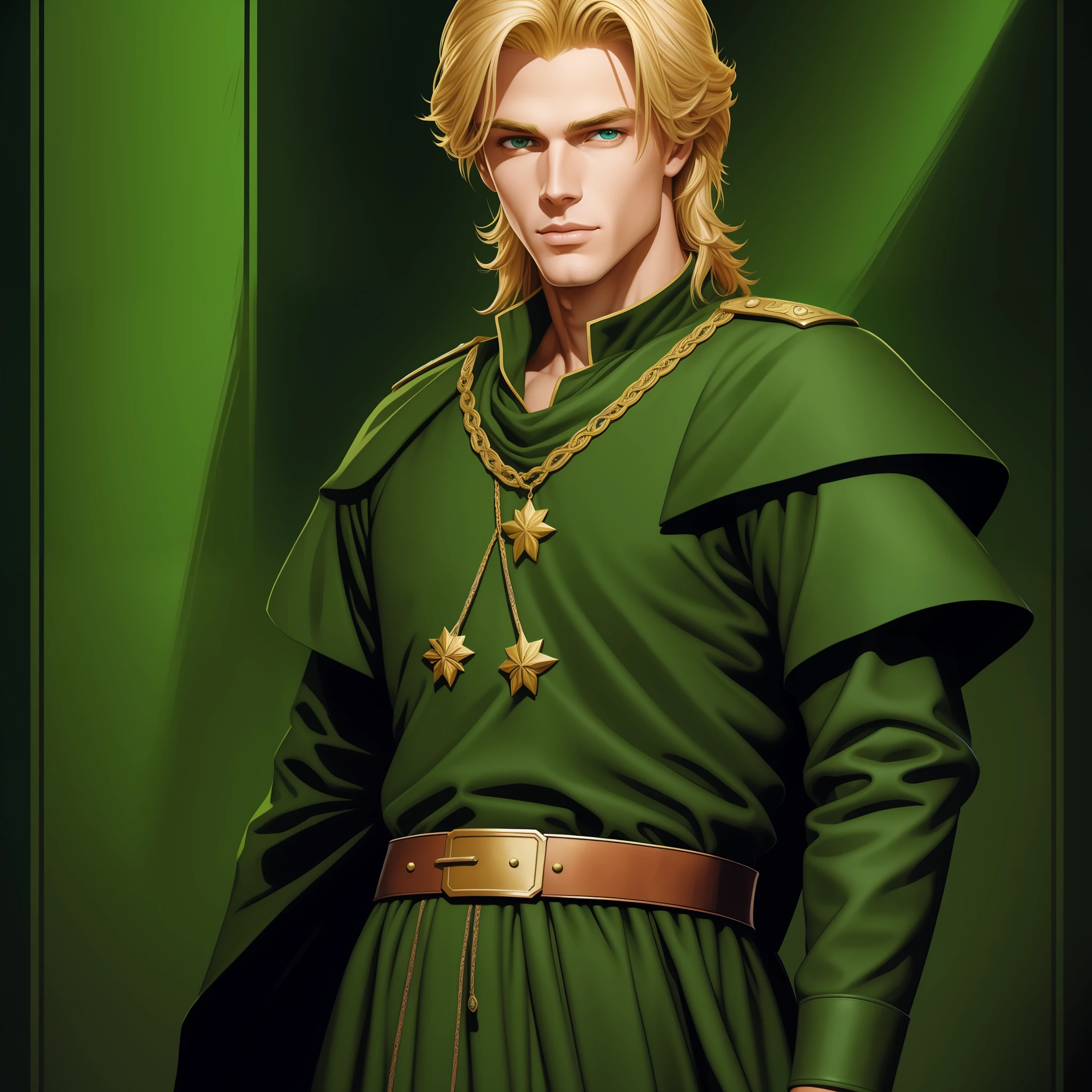 Neels Visser is a prince who has golden blonde hair, wears a moss green medieval military outfit, looking forward with piercing emerald green gaze. full body, art by Greg Hildebrandt
