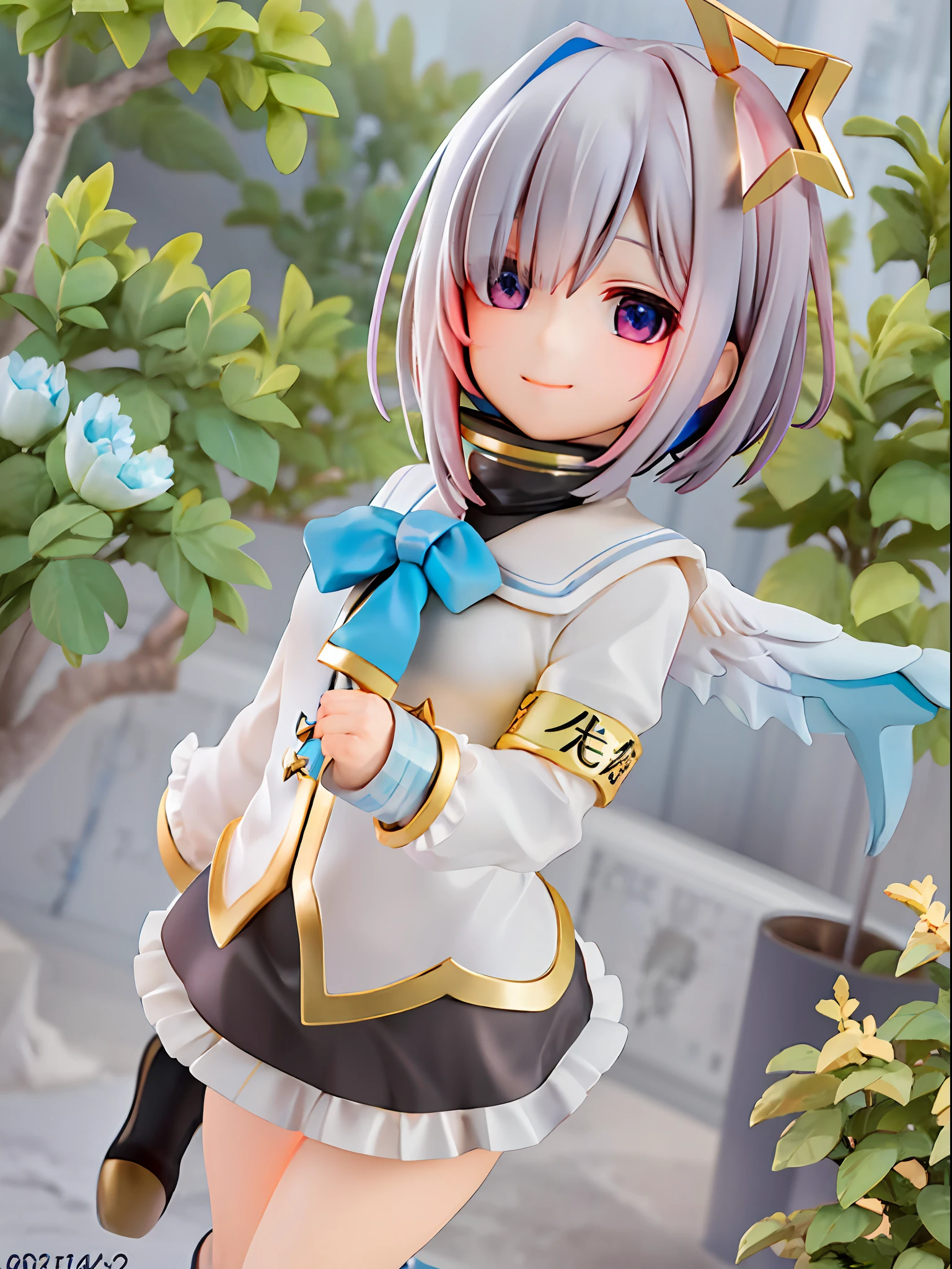 girl, amane kanata, star halo, solo, halo, angel wings, multicolored hair, asymmetrical hair, single hair intake, purple eyes, armband, 
BREAK
short hair, blue hair, grey hair, socks, long sleeves, grey jacket, bob cut, streaked hair, bangs, frills, wide sleeves, white wings, 
BREAK
black skirt, hair over one eye, frilled skirt, blue socks, sleeves past wrists, turtleneck dress, miniskirt, blue wings, cowboy shot, walking, garden,
BREAK
full body, chibi, [realistic], [3d], (3dcg), ((octane render)), [fisheye], smile, closed mouth, full body
BREAK
(8k, RAW photo, best quality, masterpiece:1.2), ultra high res, (((realistic, photo-realistic))), professional lighting, detailed lighting, professional photography, fisheye, dynamic angle, high quality, high res, extremely detailed, bloom
BREAK
depth of field, sketch, sharp focus, soft lighting, good composition, god light highlight, detailed, (((photorealistic details))), detailed skin, to8contrast style