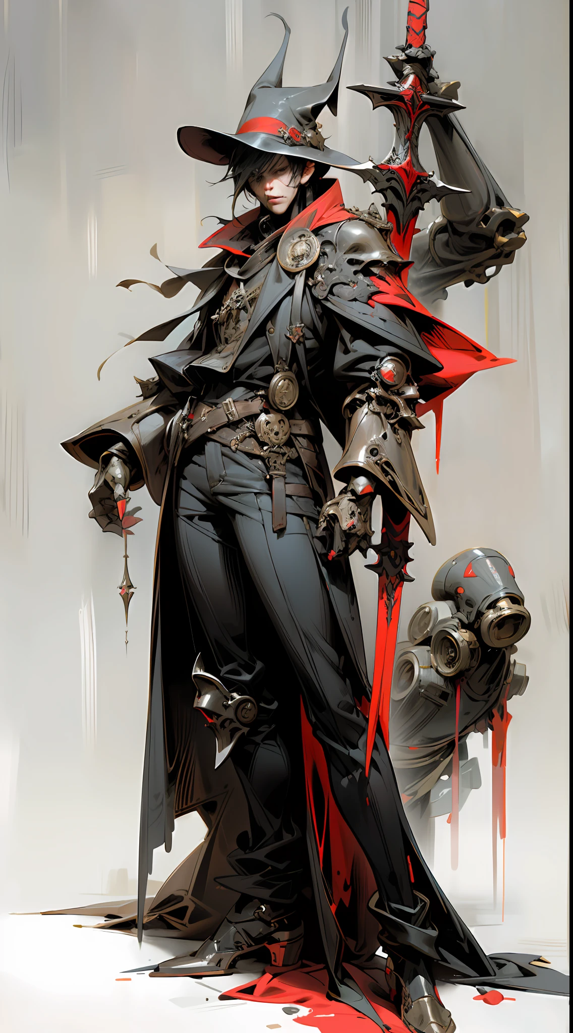 Devil may cry, big sword, Black plague doctor, red and black, neon red light, steampunk, in the style of realistic and hyper - detailed renderings, super detail, majestic, Creative painting by Katsuhiro Otomo, Full body character design, Game character design, individual full body, white background,