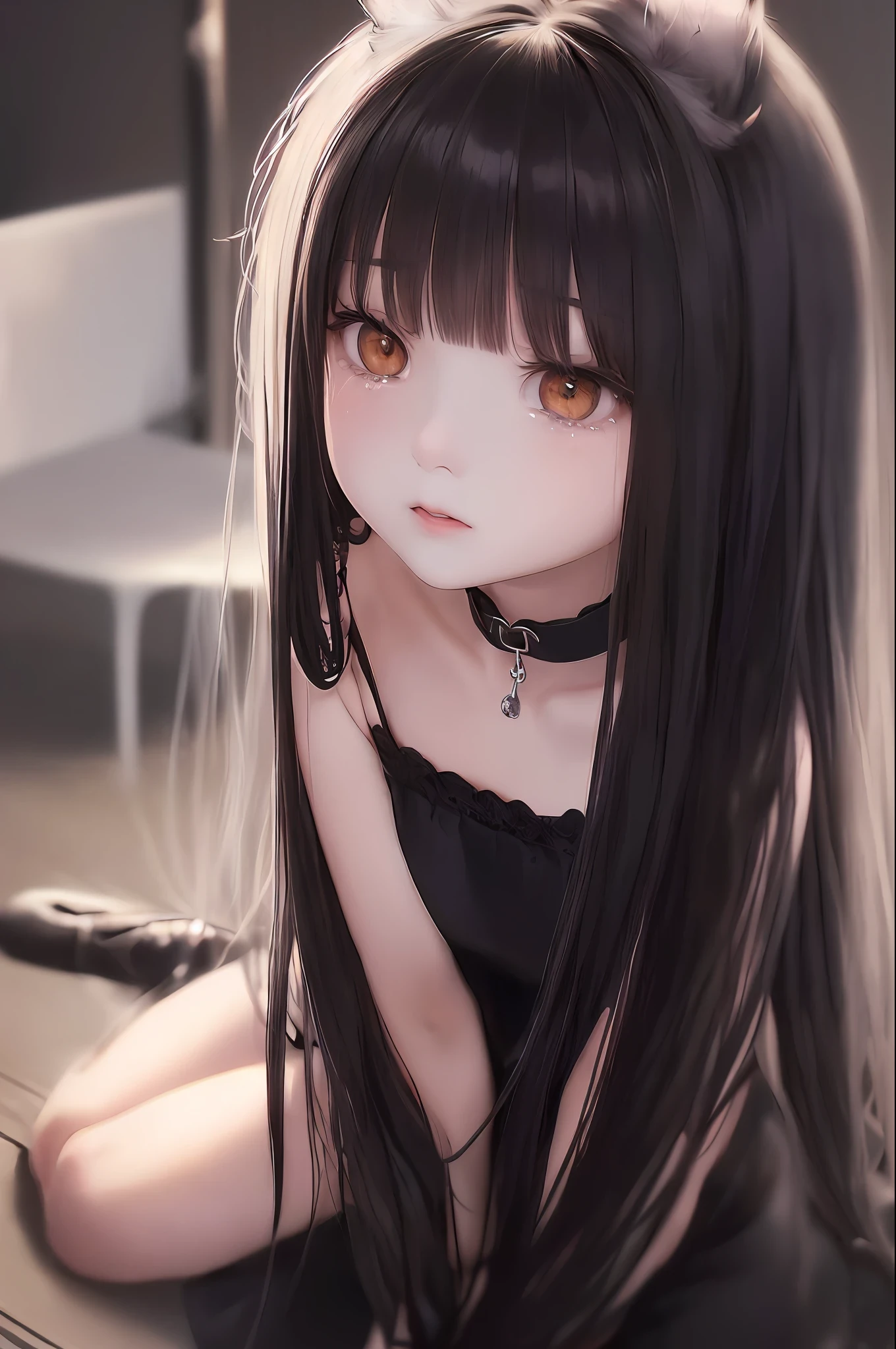 (very delicate and beautiful), ((sitting yuka)) (the background is dark))(sick woman) (very delicate and beautiful), (collar) (black clothes), (black hair) (upper body) (expression of despair), (dynamic angle, portrait), (smooth hair), (cat eyes), (white eyes) beautiful face, white skin, depth of field, shining lips, bright colors, (( Tears)) (hands on the floor) (shackles) (grotesque) (no hair ornament)
