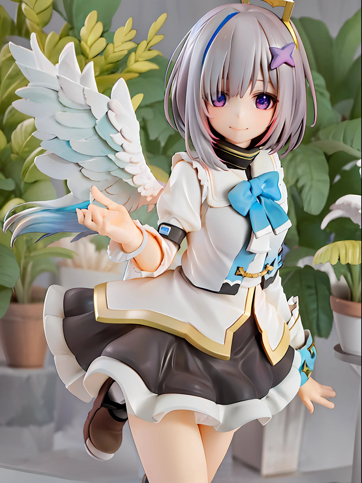 girl, amane kanata, star halo, solo, halo, angel wings, multicolored hair, asymmetrical hair, single hair intake, purple eyes, armband, 
BREAK
short hair, blue hair, grey hair, socks, long sleeves, grey jacket, bob cut, streaked hair, bangs, frills, wide sleeves, white wings, 
BREAK
black skirt, hair over one eye, frilled skirt, blue socks, sleeves past wrists, turtleneck dress, miniskirt, blue wings, cowboy shot, walking, garden,
BREAK
full body, chibi, [realistic], [3d], (3dcg), ((octane render)), [fisheye], smile, closed mouth, full body
BREAK
(8k, RAW photo, best quality, masterpiece:1.2), ultra high res, (((realistic, photo-realistic))), professional lighting, detailed lighting, professional photography, fisheye, dynamic angle, high quality, high res, extremely detailed, bloom
BREAK
depth of field, sketch, sharp focus, soft lighting, good composition, god light highlight, detailed, (((photorealistic details))), detailed skin, to8contrast style