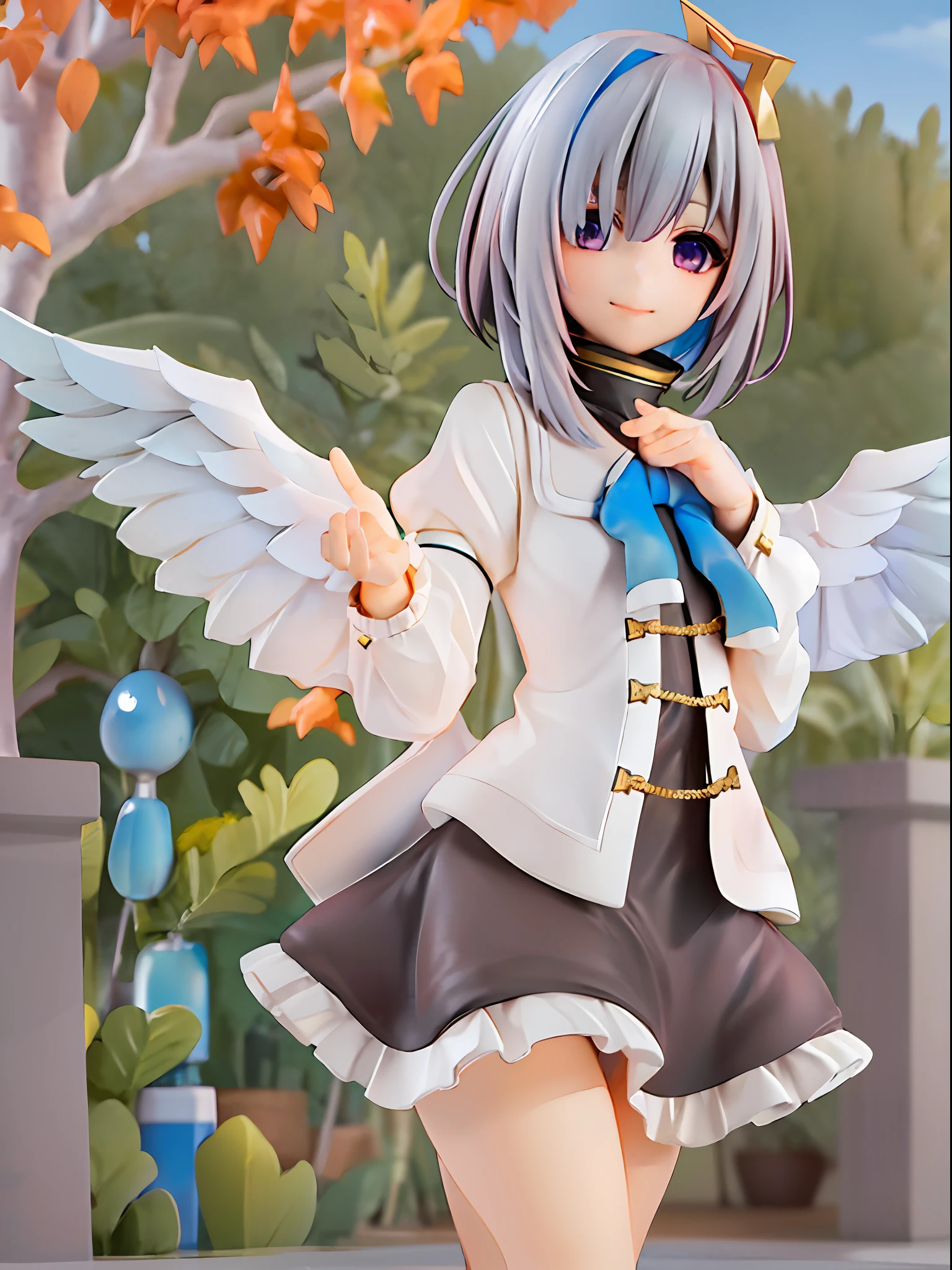 girl, amane kanata, star halo, solo, halo, angel wings, multicolored hair, asymmetrical hair, single hair intake, purple eyes, armband, 
BREAK
short hair, blue hair, grey hair, socks, long sleeves, grey jacket, bob cut, streaked hair, bangs, frills, wide sleeves, white wings, 
BREAK
black skirt, hair over one eye, frilled skirt, blue socks, sleeves past wrists, turtleneck dress, miniskirt, blue wings, cowboy shot, walking, garden,
BREAK
full body, chibi, [realistic], [3d], (3dcg), ((octane render)), [fisheye], smile, closed mouth, full body
BREAK
(8k, RAW photo, best quality, masterpiece:1.2), ultra high res, (((realistic, photo-realistic))), professional lighting, detailed lighting, professional photography, fisheye, dynamic angle, high quality, high res, extremely detailed, bloom
BREAK
depth of field, sketch, sharp focus, soft lighting, good composition, god light highlight, detailed, (((photorealistic details))), detailed skin, to8contrast style