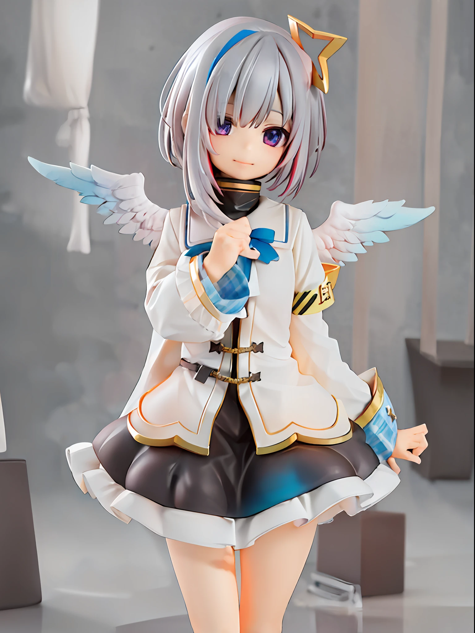 girl, amane kanata, star halo, solo, halo, angel wings, multicolored hair, asymmetrical hair, single hair intake, purple eyes, armband, 
BREAK
short hair, blue hair, grey hair, socks, long sleeves, grey jacket, bob cut, streaked hair, bangs, frills, wide sleeves, white wings, 
BREAK
black skirt, hair over one eye, frilled skirt, blue socks, sleeves past wrists, turtleneck dress, miniskirt, blue wings, cowboy shot, walking, garden,
BREAK
full body, chibi, [realistic], [3d], (3dcg), ((octane render)), [fisheye], smile, closed mouth, full body
BREAK
(8k, RAW photo, best quality, masterpiece:1.2), ultra high res, (((realistic, photo-realistic))), professional lighting, detailed lighting, professional photography, fisheye, dynamic angle, high quality, high res, extremely detailed, bloom
BREAK
depth of field, sketch, sharp focus, soft lighting, good composition, god light highlight, detailed, (((photorealistic details))), detailed skin, to8contrast style