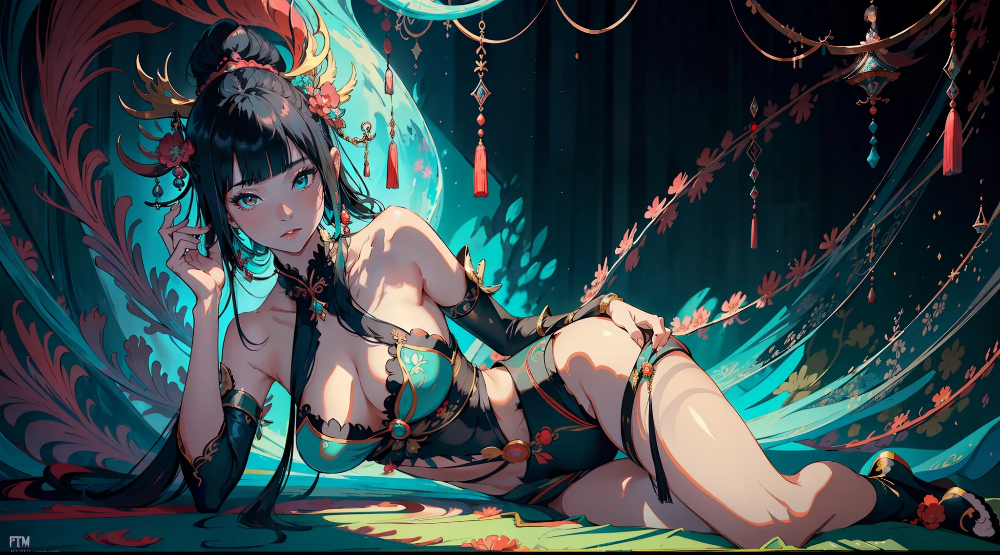 Total focus on a Japanese woman with black bangs on a divine link Gorgeous dress in a turquoise palace in a fanciful and mystical aura and environment with colorful corals + close-up full-body showing, pose, cinematics, detailed pretty face, Exquisite details, 8k UHD, ultimate brushing, master brushwork, trending on artstation, master drawing, masterpiece