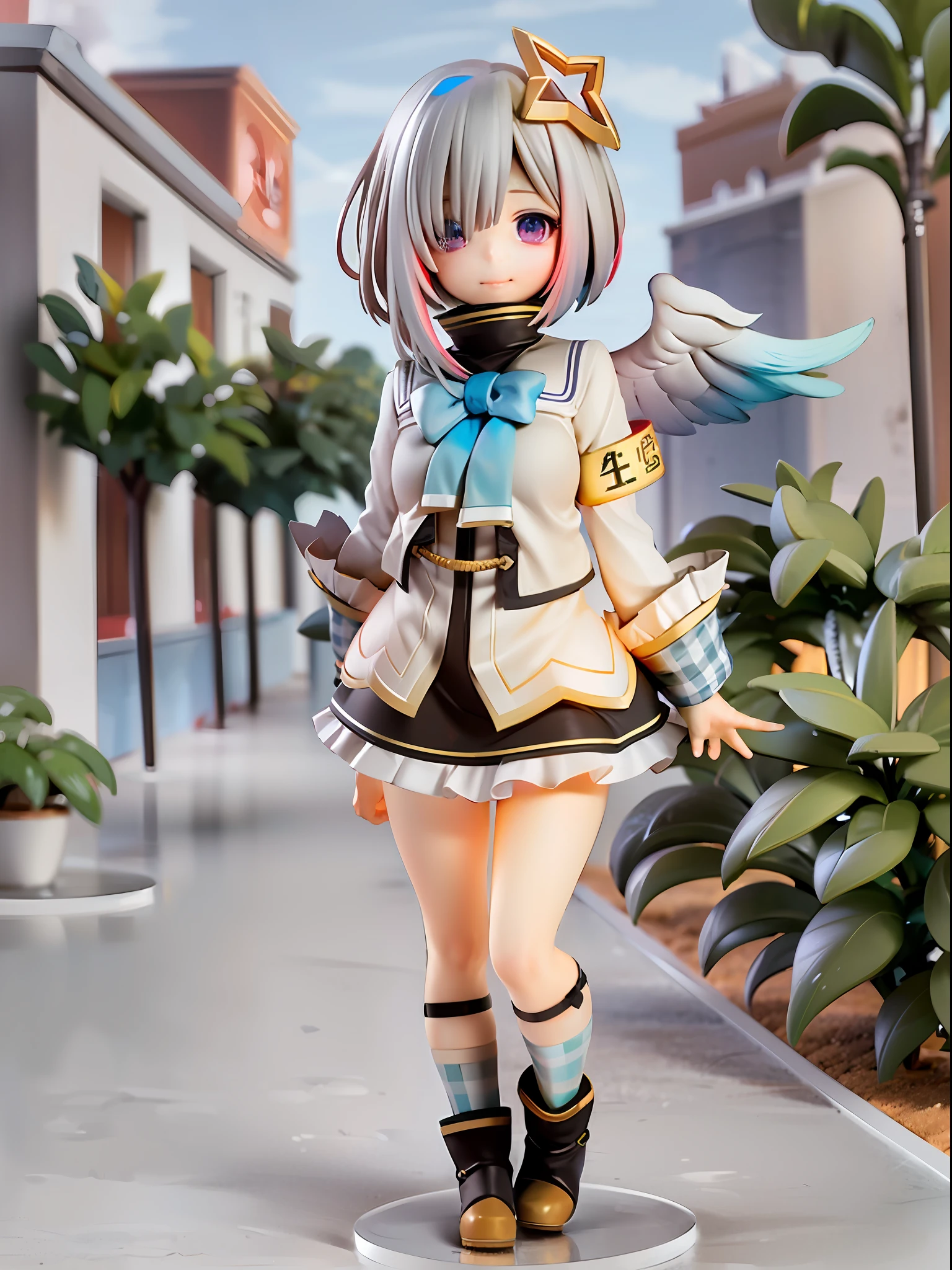 girl, amane kanata, star halo, solo, halo, angel wings, multicolored hair, asymmetrical hair, single hair intake, purple eyes, armband, 
BREAK
short hair, blue hair, grey hair, socks, long sleeves, grey jacket, bob cut, streaked hair, bangs, frills, wide sleeves, white wings, 
BREAK
black skirt, hair over one eye, frilled skirt, blue socks, sleeves past wrists, turtleneck dress, miniskirt, blue wings, cowboy shot, walking, garden,
BREAK
full body, chibi, [realistic], [3d], (3dcg), ((octane render)), [fisheye], smile, closed mouth, full body
BREAK
(8k, RAW photo, best quality, masterpiece:1.2), ultra high res, (((realistic, photo-realistic))), professional lighting, detailed lighting, professional photography, fisheye, dynamic angle, high quality, high res, extremely detailed, bloom
BREAK
depth of field, sketch, sharp focus, soft lighting, good composition, god light highlight, detailed, (((photorealistic details))), detailed skin, to8contrast style