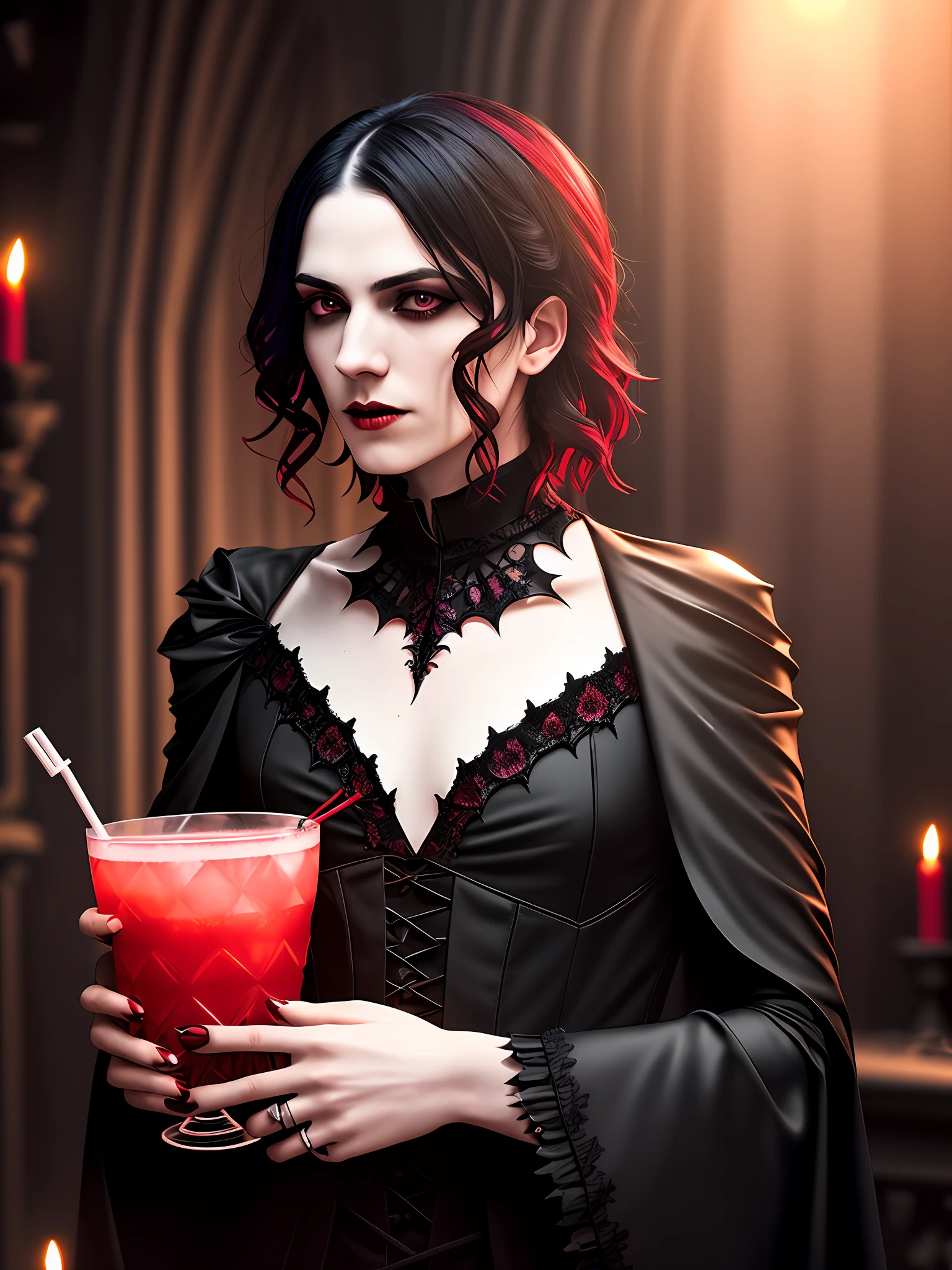 (extremely detailed 8k wallpaper)+, a long photo of a young gothic vampire with pale skin, hall, (perfect chest), white skin, inside a dark castle, Intricate, High Detail, dramatic, best quality masterpiece, photorealistic, detailed, 8k, HDR, backlighting, flower, light sparkles, chromatic aberration, sharp focus, stained glass, (lots of candles), volumetric light, (((red backlight))), ((cinematic style)), (gothic look details, gothic underworld), ((drinking a bloody cocktail)))), (skin texture), ((bat on shoulder))