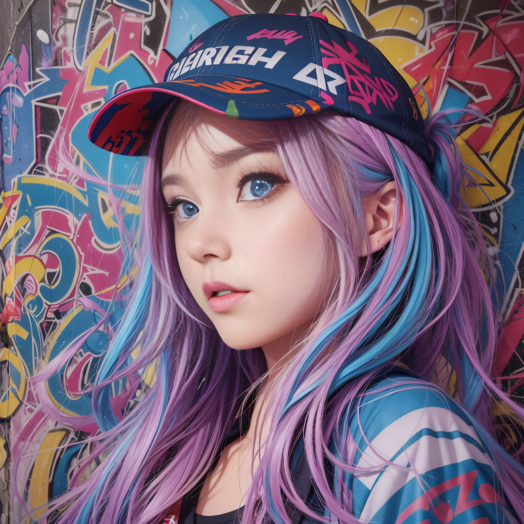 (best quality), masterpiece, extremely detailed CG uniform 8K illustration, high color, high color saturation, graffiti art, central composition, extremely detailed light and shadow, graffiti wall, 1 girl graffiti 1 girl looking at the wall, extremely detailed face and eyes, medium length hair, sportswear, colored clouds