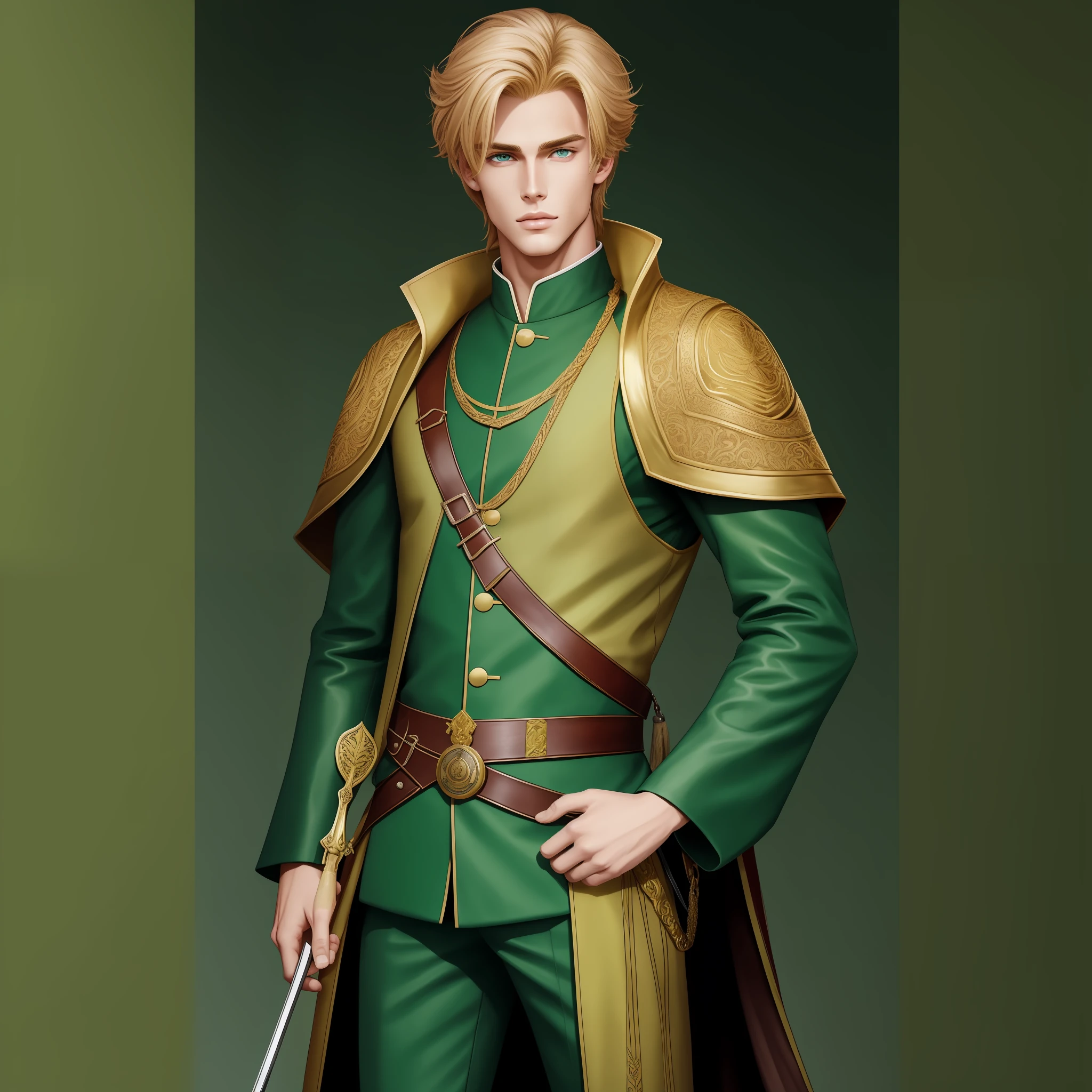 Neels Visser is a prince who has golden blonde hair, wears a moss green medieval military outfit, looking forward with piercing emerald green gaze. full body, art by Citemer Liu