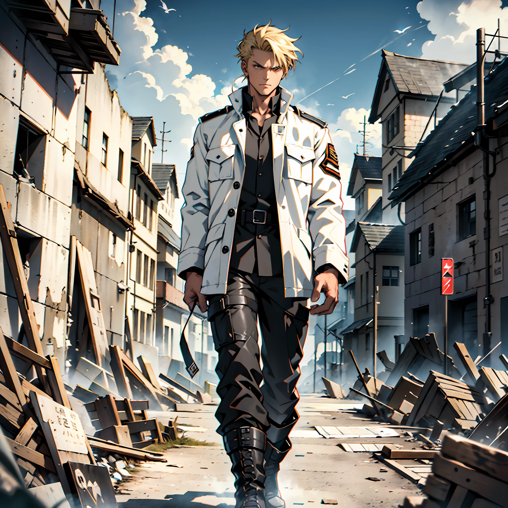 Man of good physical size, anime, white jacket, black blouse, long military pants of white color, military boots of black color, silver cord with ring, blond man, brown eyes, indifferent look, walking over wreckage, ancient castle, hands in pockets.