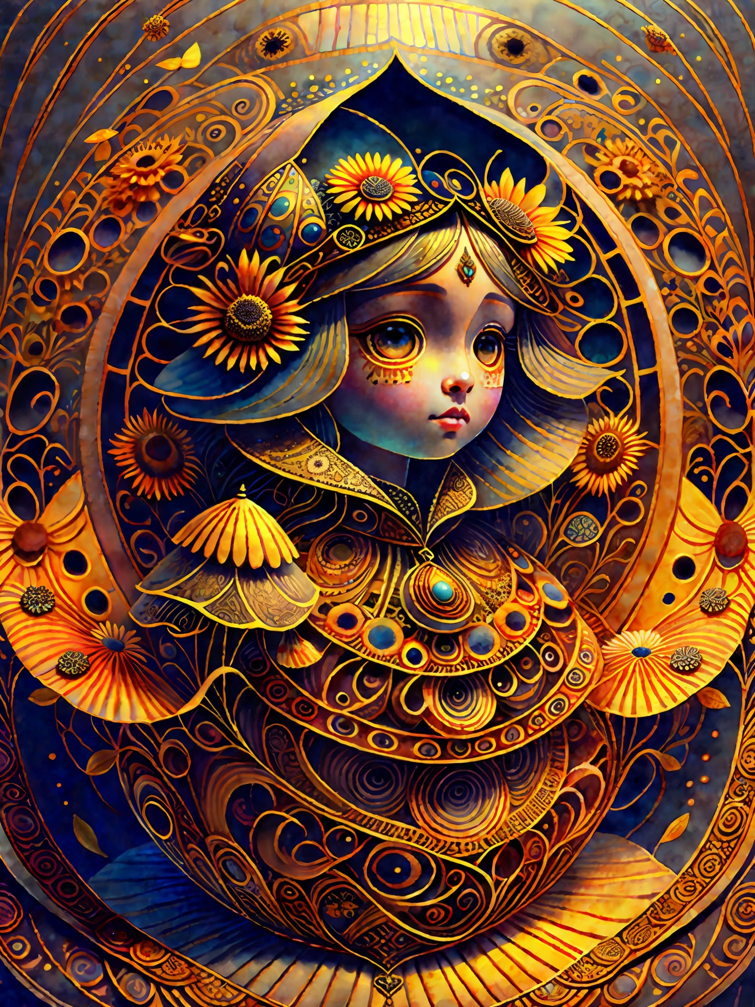 Gorgeous big eyes watercolor sunflower ebony goddess covered in curlycue paisley flowerdesigns, intricate filigreeheaddress highly intricate hyper-detailed landscape illustration painting by Mark Ryden, Keane, Max Ernst, Bosch, Junji Ito, Mucha, maximalism, surrealism, 3d liquid detailing, volumetric lighting, octane render, 16k, storybook, a masterpiece