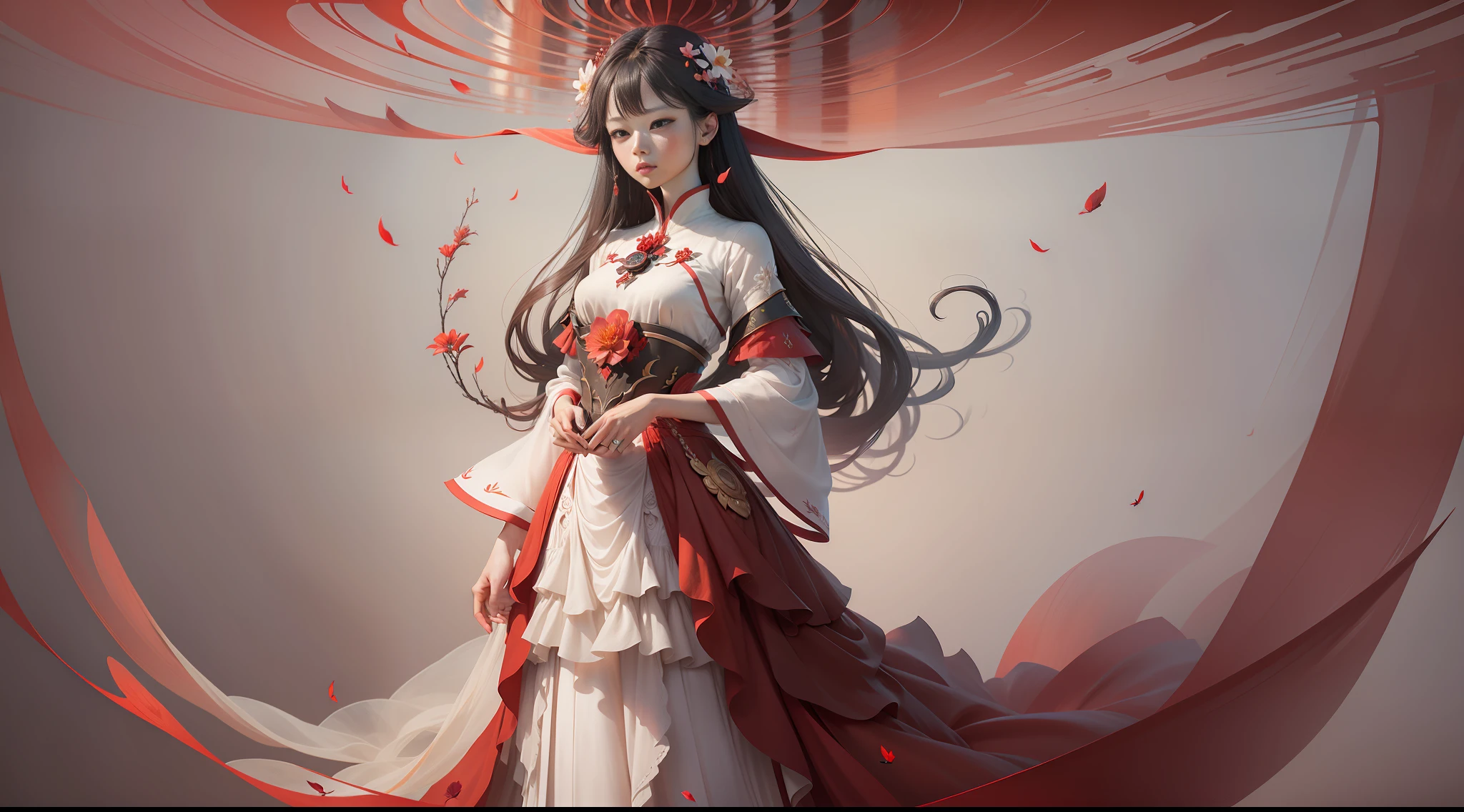 A female emperor, red flowing skirt, other shore flower, manzhu sand flower, ethereal simplicity, magnificent illustration, Philip McKay, multi-layered progressive style production, containing imposing, multi-layered, transparent nature, delicate and soft, clear and bright imagery,