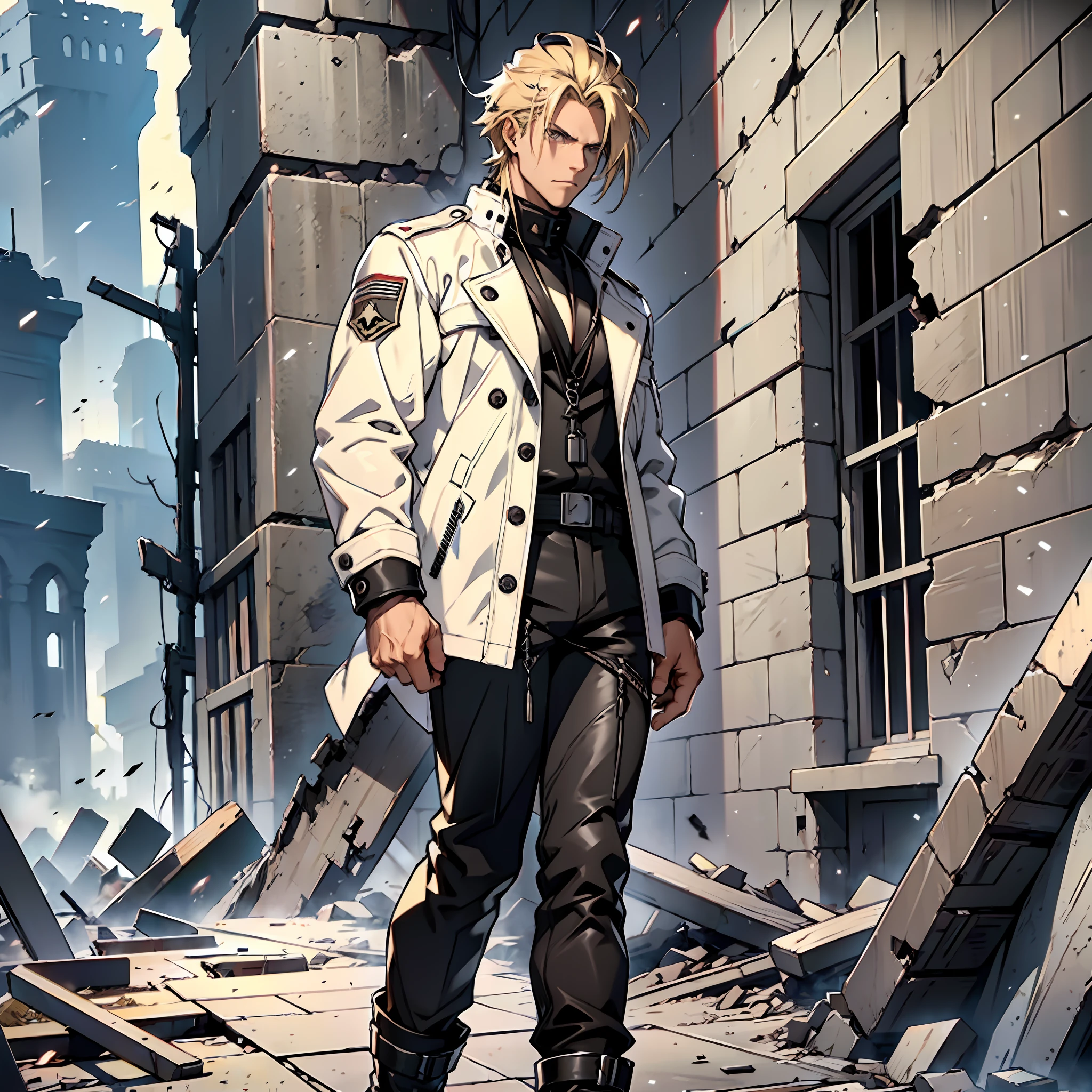 Man of good physical size, anime, white jacket, black blouse, long military pants of white color, military boots of black color, silver cord with ring, blond man, brown eyes, indifferent look, walking over wreckage, ancient castle, hands in pockets.