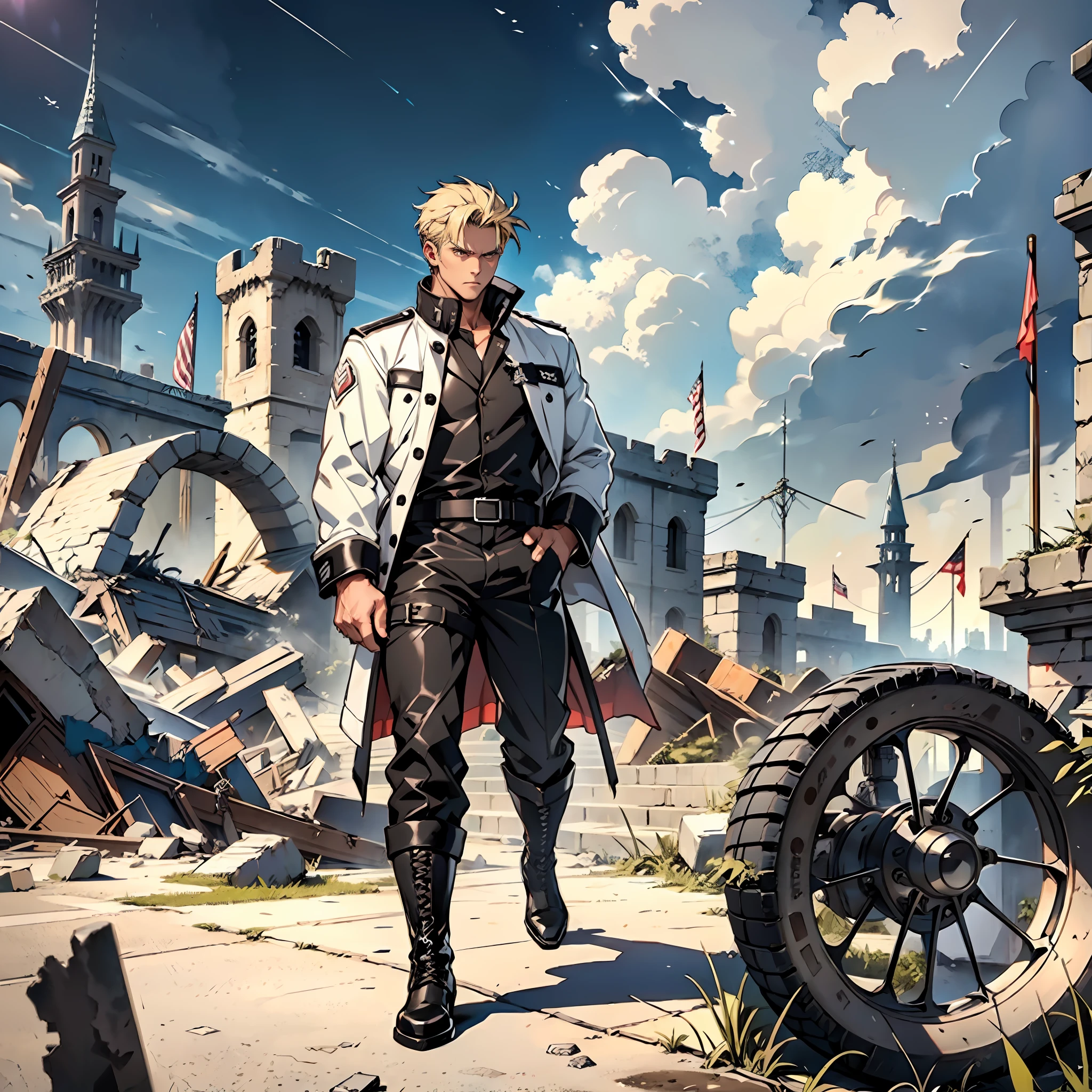 Man of good physical size, anime, white jacket, black blouse, long military pants of white color, military boots of black color, silver cord with ring, blond man, brown eyes, indifferent look, walking over wreckage, ancient castle, hands in pockets.