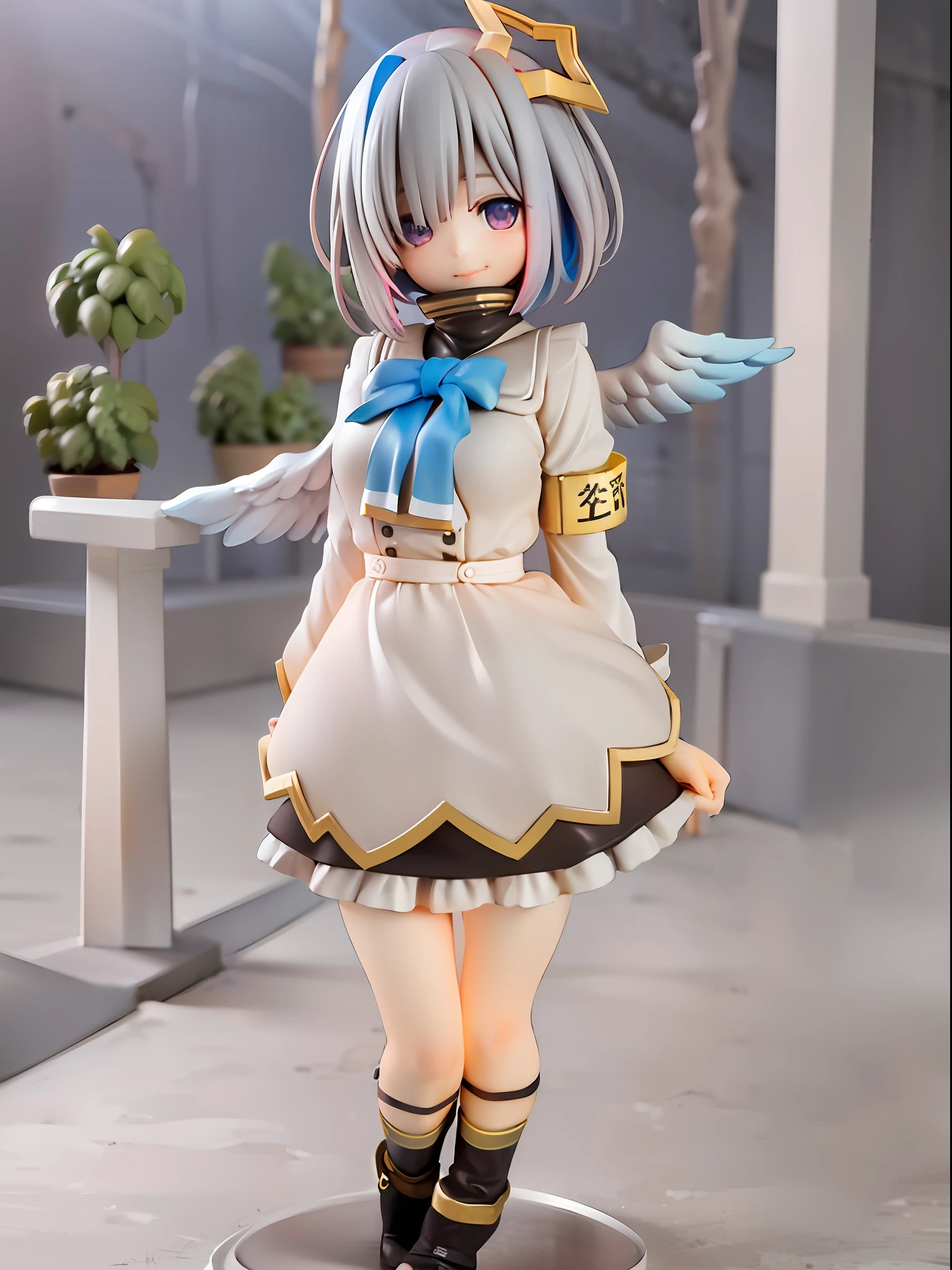 girl, amane kanata, star halo, solo, halo, angel wings, multicolored hair, asymmetrical hair, single hair intake, purple eyes, armband, 
BREAK
short hair, blue hair, grey hair, socks, long sleeves, grey jacket, bob cut, streaked hair, bangs, frills, wide sleeves, white wings, 
BREAK
black skirt, hair over one eye, frilled skirt, blue socks, sleeves past wrists, turtleneck dress, miniskirt, blue wings, cowboy shot, walking, garden,
BREAK
full body, chibi, [realistic], [3d], (3dcg), ((octane render)), [fisheye], smile, closed mouth, full body
BREAK
(8k, RAW photo, best quality, masterpiece:1.2), ultra high res, (((realistic, photo-realistic))), professional lighting, detailed lighting, professional photography, fisheye, dynamic angle, high quality, high res, extremely detailed, bloom
BREAK
depth of field, sketch, sharp focus, soft lighting, good composition, god light highlight, detailed, (((photorealistic details))), detailed skin, to8contrast style