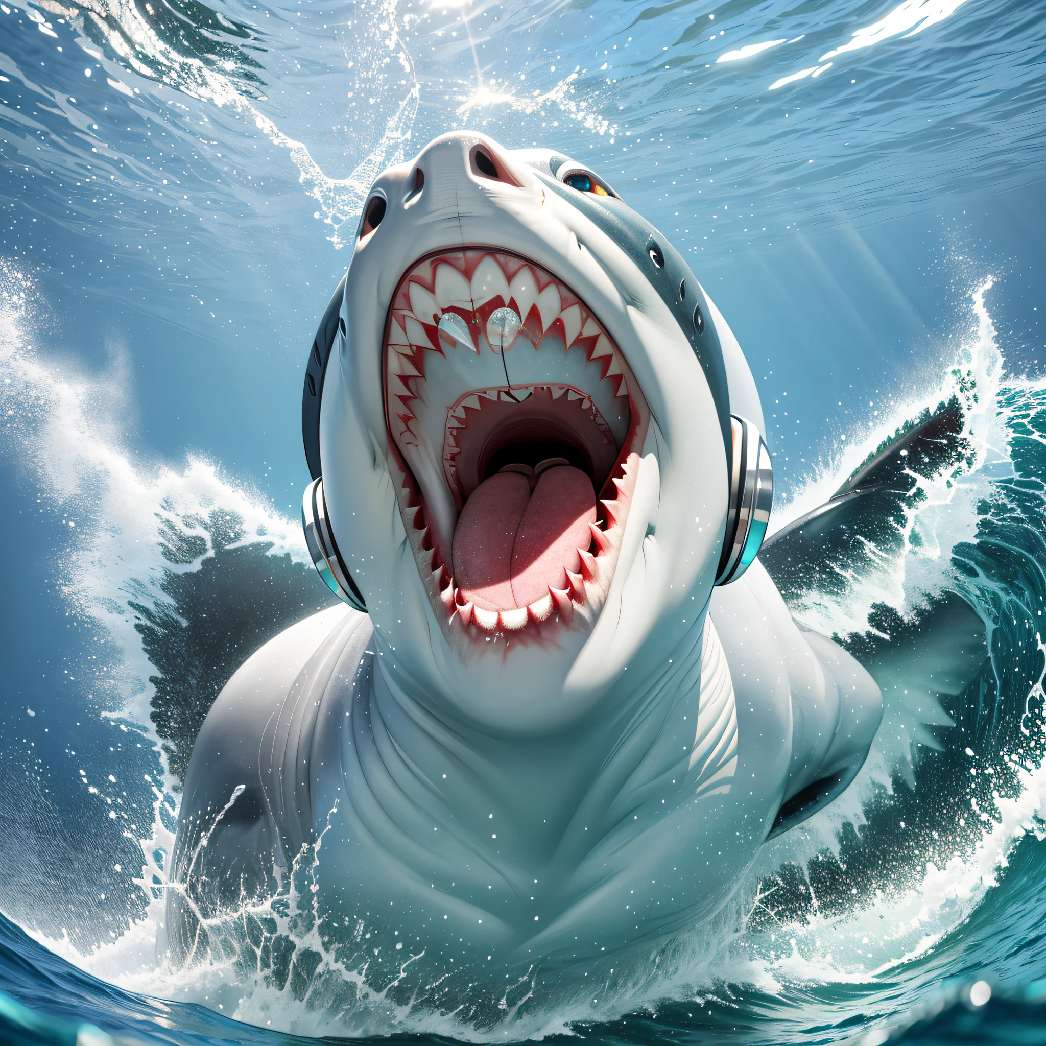 A WHITE SHARK JUMPING DAGUA WITH HEADPHONES OPEN MOUTH SHINY TEETH --auto --s2