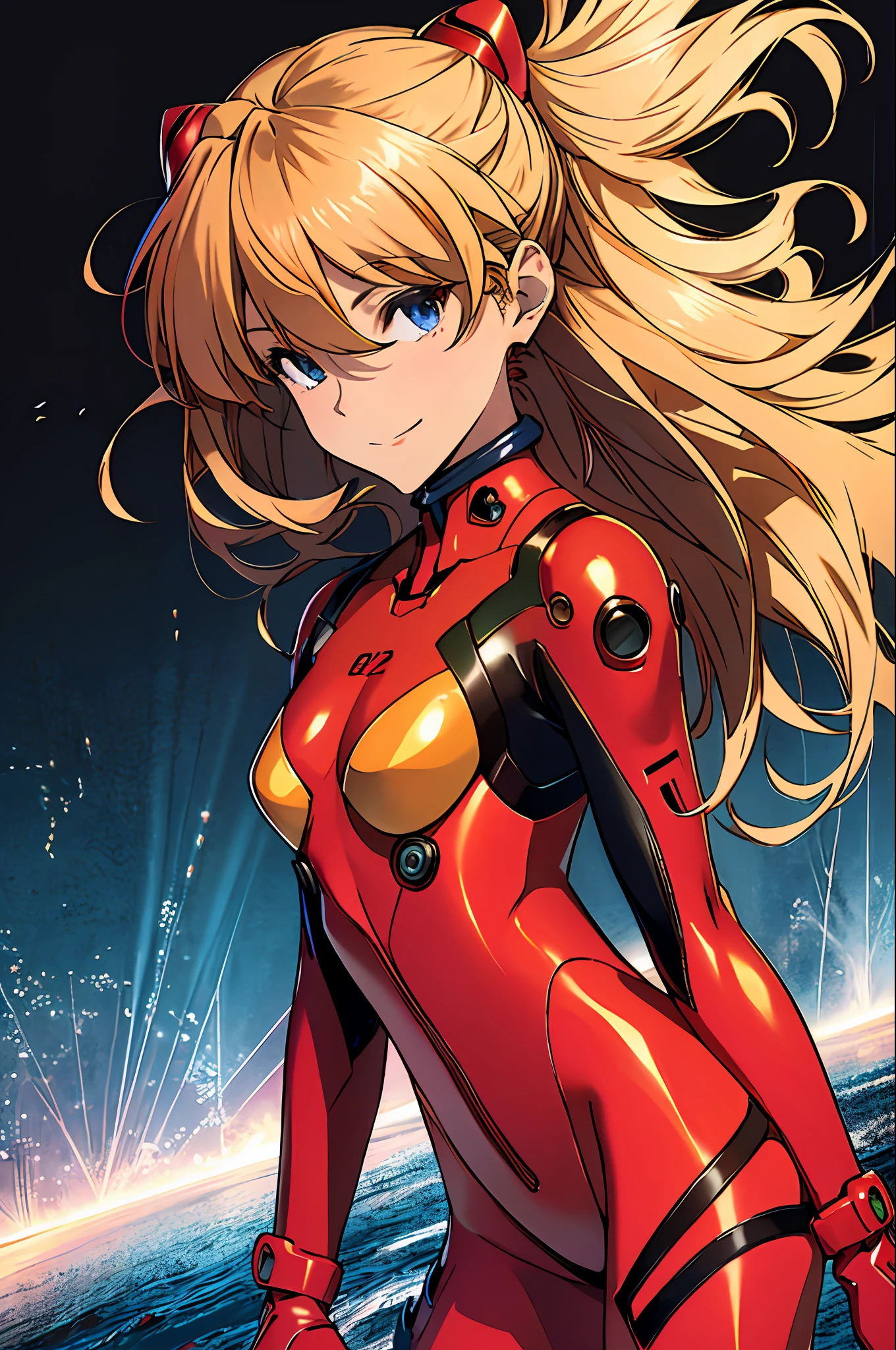 Official Art, Unity 8k Wallpaper, Ultra Detail, Beautiful and Aesthetic, Masterpiece, Best Quality, Real, Skindentation, Soouryuu Asuka Langley, Interface Headset, Red Plug Suit, Detailed Eyes, Detailed Face, Detailed Hair, Black Background, Straight On, Look Viewer, Gloss,Full Body,Smile