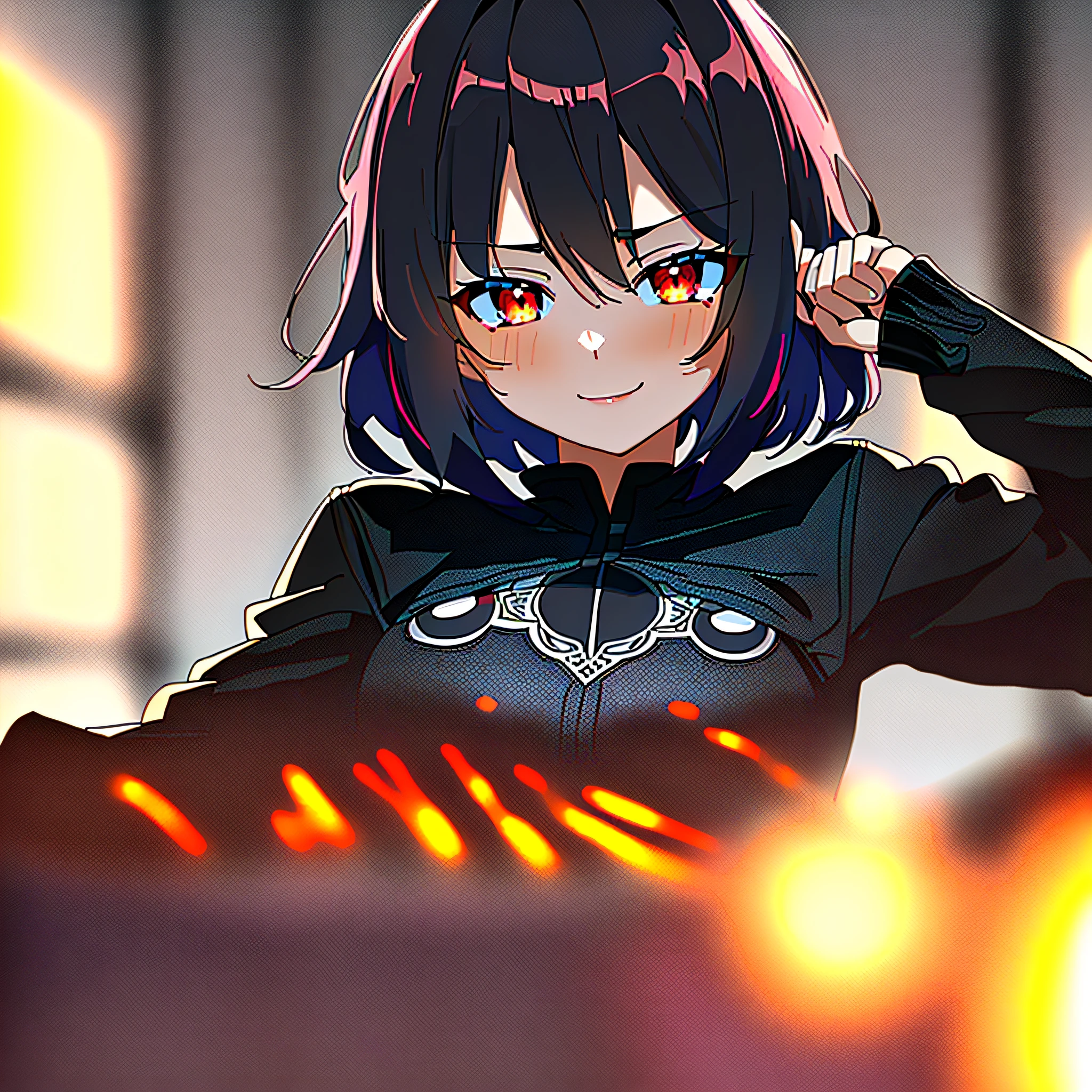 red hair, short hair, makeup, eyelashes, expressive hair, mesugaki, young, smirk, black leather jacket, demonic eyes, red eyes, glowing eyes, detailed eyes, hyper detailed, smirk, loli, young, child, makeup, eyelashes, demonic highly detailed, beautiful, small details, ultra detailed, best quality, intricate, hyperrealism, sharp, digital illustration, detailed, anime, intricate, 4k, 8k, trending on artstation, good anatomy, award-winning, shadows, eery lighting, raytracing, intricate details, moody, rule of thirds, masterpiece, (illustration:1.1), highres, (extremely detailed CG, unity, 8k wallpaper:1.1), beautiful face, highly detailed face, ultra realistic, masterpiece, bokeh, extremely detailed, intricate, zoomout, colorful, vibrant colors, side view, colorful, vibrant colors, red nail polish, side view, demonic, loli, demonic eyes, black sclera, pedo, lolicon, ???, girl, naked, yandere, [[[[grinning evily]]]], gapmoe yandere grimdark, with glowing eyes, gapmoe yandere, anime moe artstyle, ufotable art style, hanayamata,