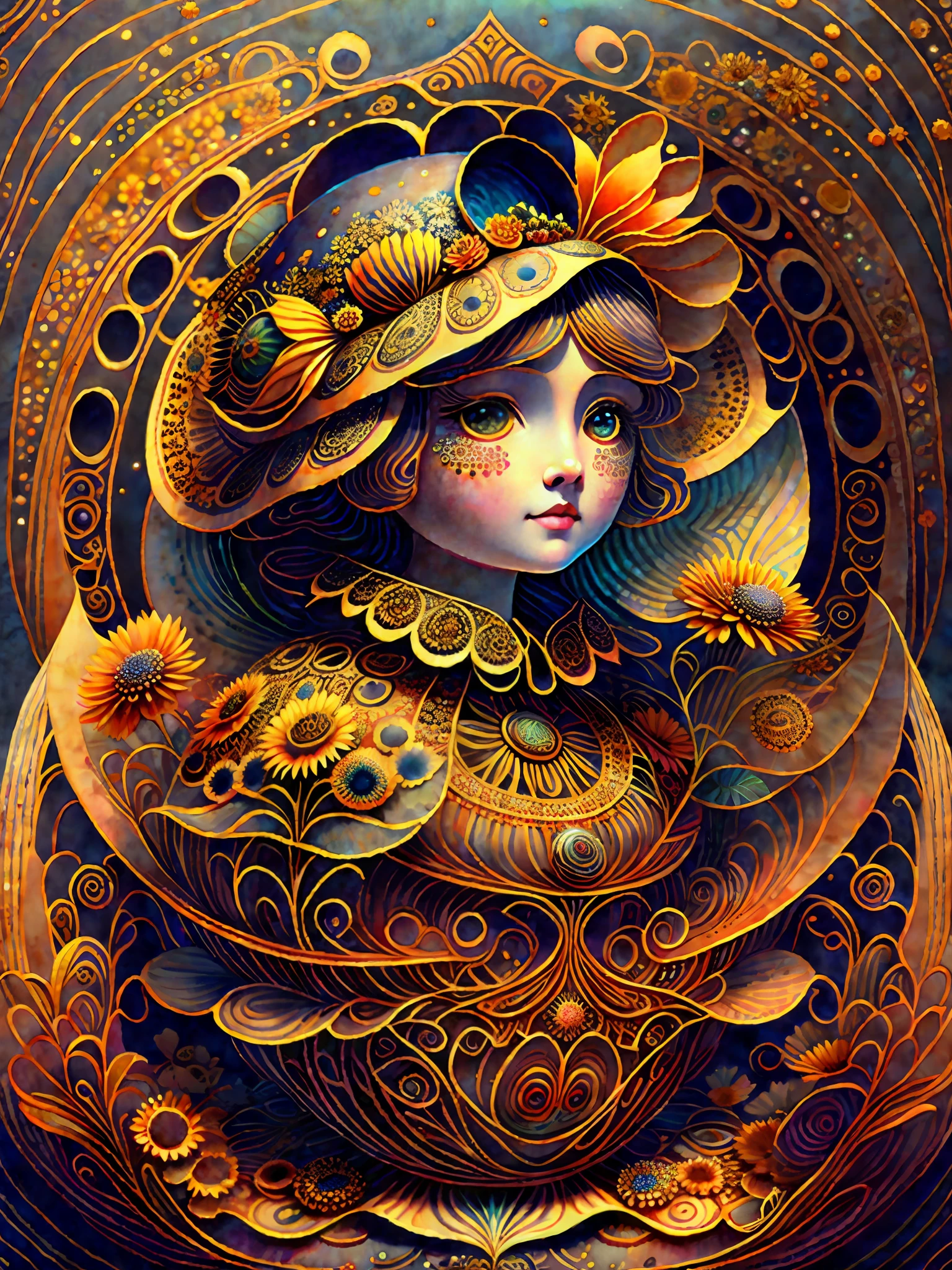 Gorgeous big eyes watercolor sunflower ebony goddess covered in curlycue paisley flowerdesigns, intricate filigreeheaddress highly intricate hyper-detailed landscape illustration painting by Mark Ryden, Keane, Max Ernst, Bosch, Junji Ito, Mucha, maximalism, surrealism, 3d liquid detailing, volumetric lighting, octane render, 16k, storybook, a masterpiece