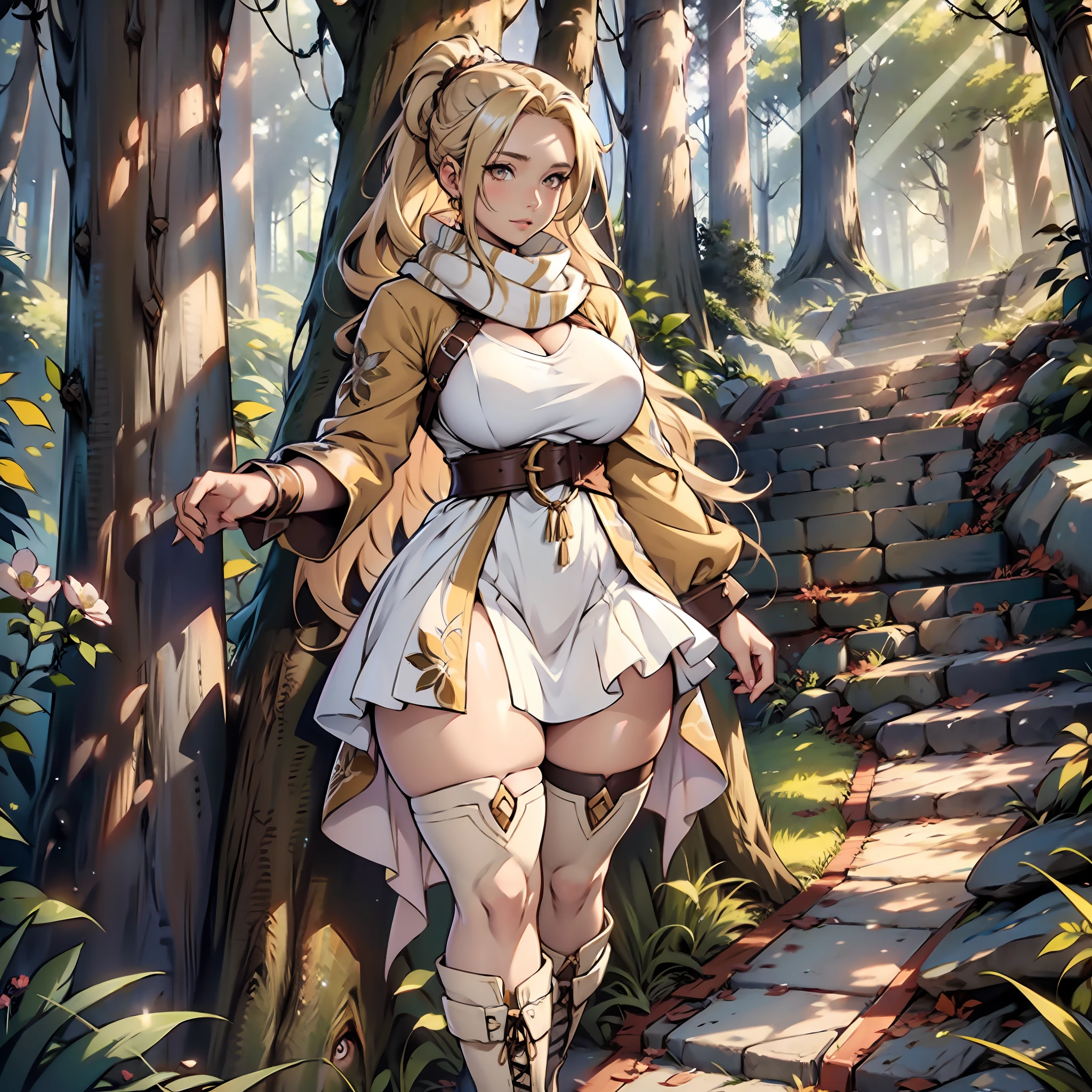 Anime woman, curvy, thick thighs, flowery dress, white scarf, brown colored boots, blonde hair, ponytail, hair with locks in light brown, straight hair, botox lips, brown colored eyes, beautiful face, soft skin, illuminated forest, large breasts.