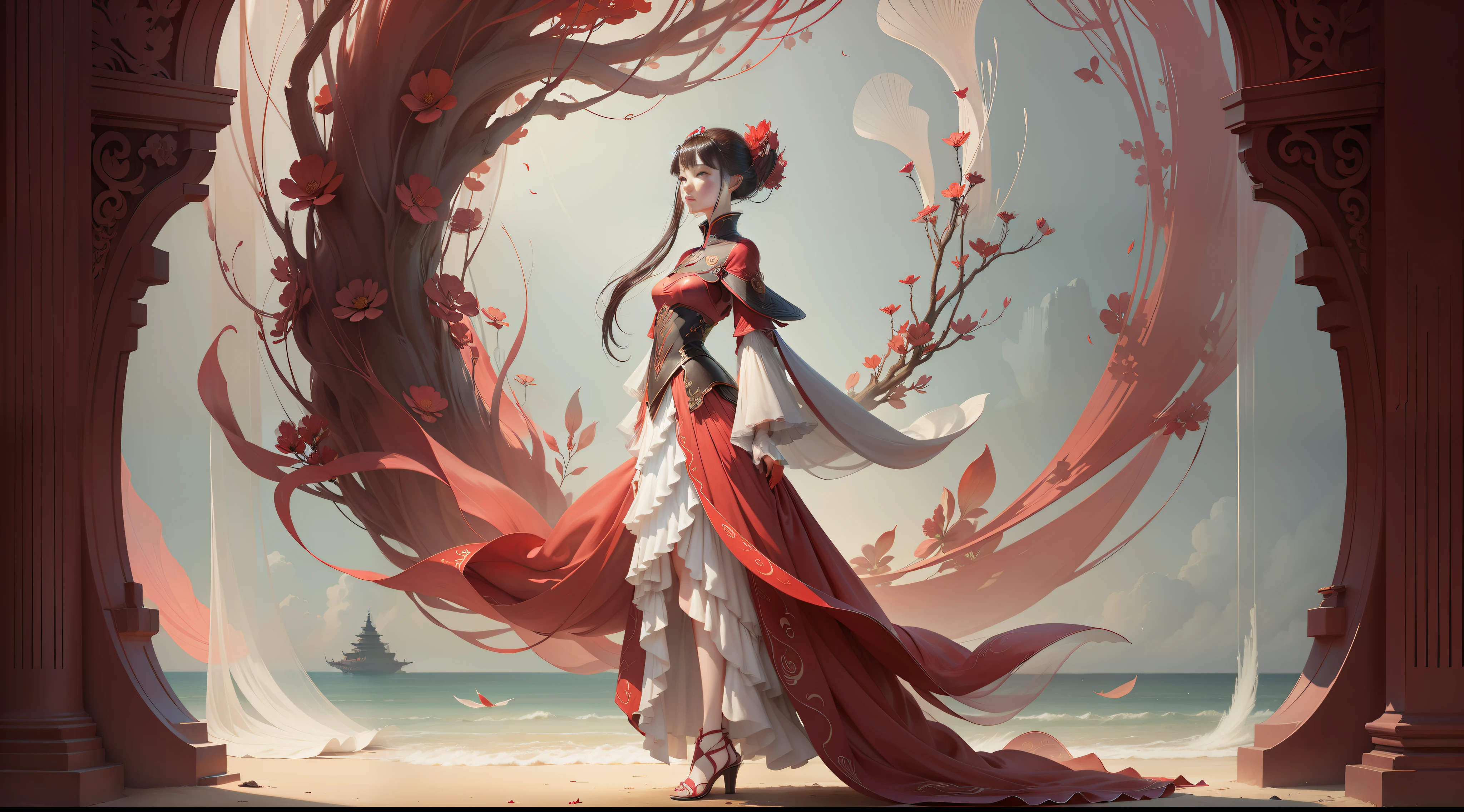 A female emperor, red flowing skirt, other shore flower, manzhu sand flower, ethereal simplicity, magnificent illustration, Philip McKay, multi-layered progressive style production, containing imposing, multi-layered, transparent nature, delicate and soft, clear and bright imagery,