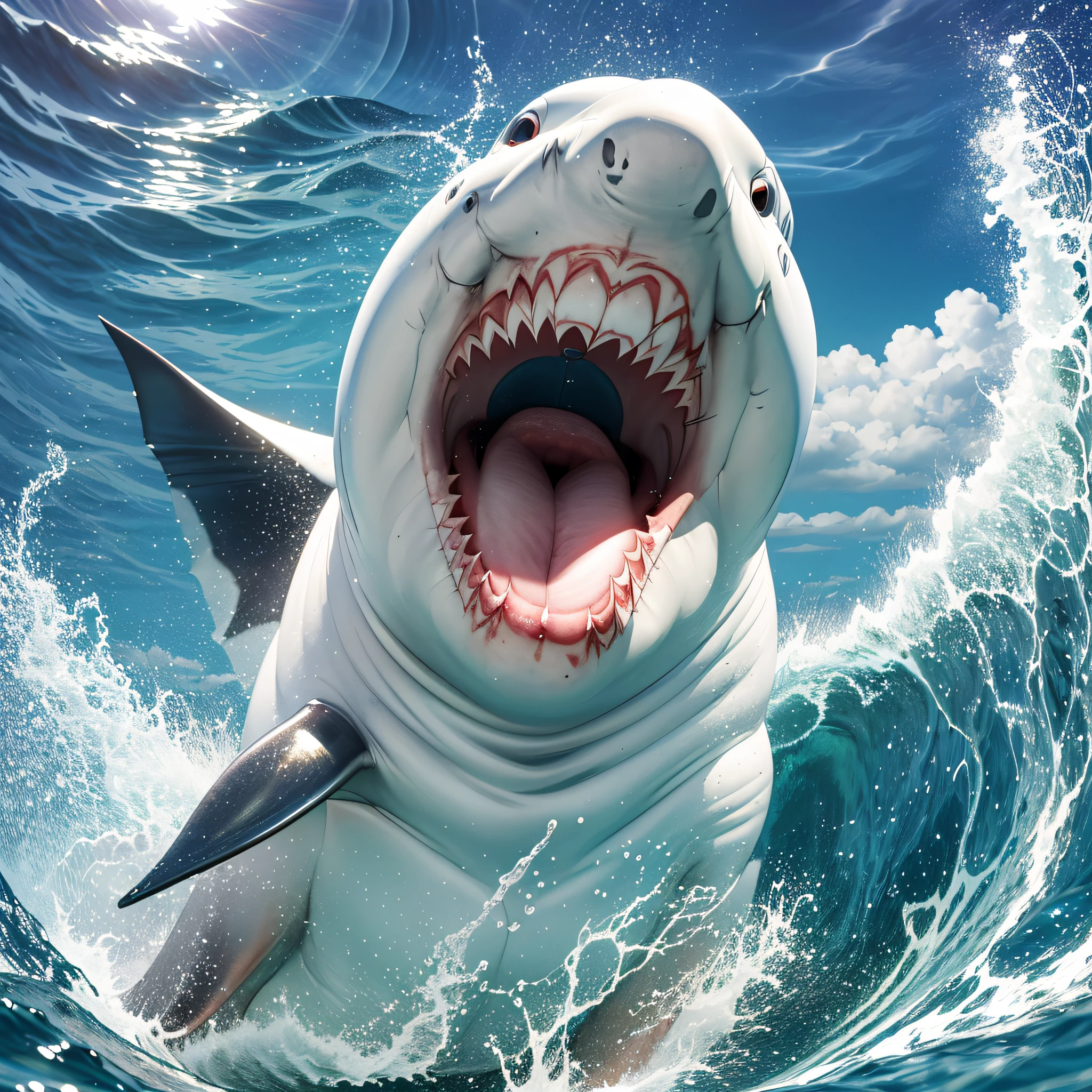 A WHITE SHARK JUMPING DAGUA WITH HEADPHONES OPEN MOUTH SHINY TEETH --auto --s2