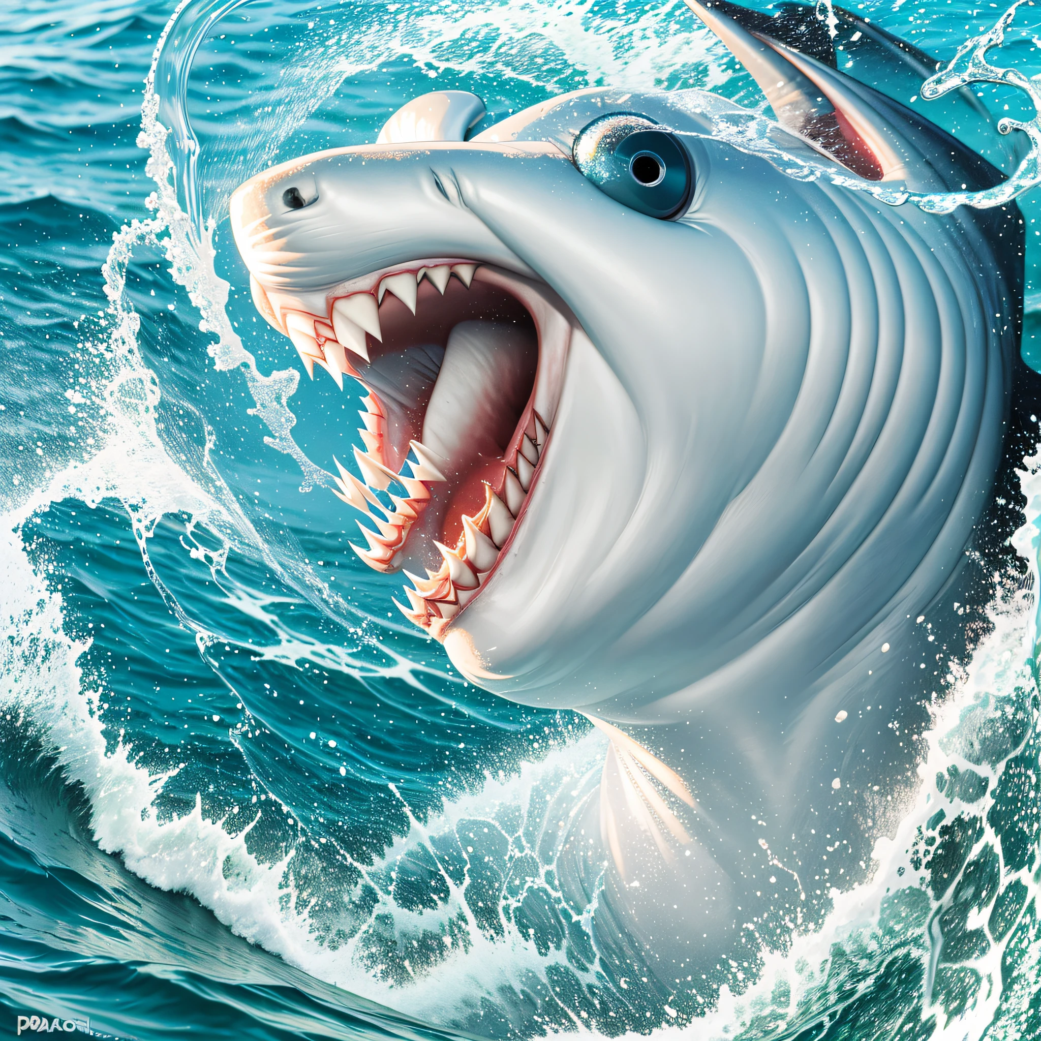 A WHITE SHARK JUMPING DAGUA WITH HEADPHONES OPEN MOUTH SHINY TEETH --auto --s2