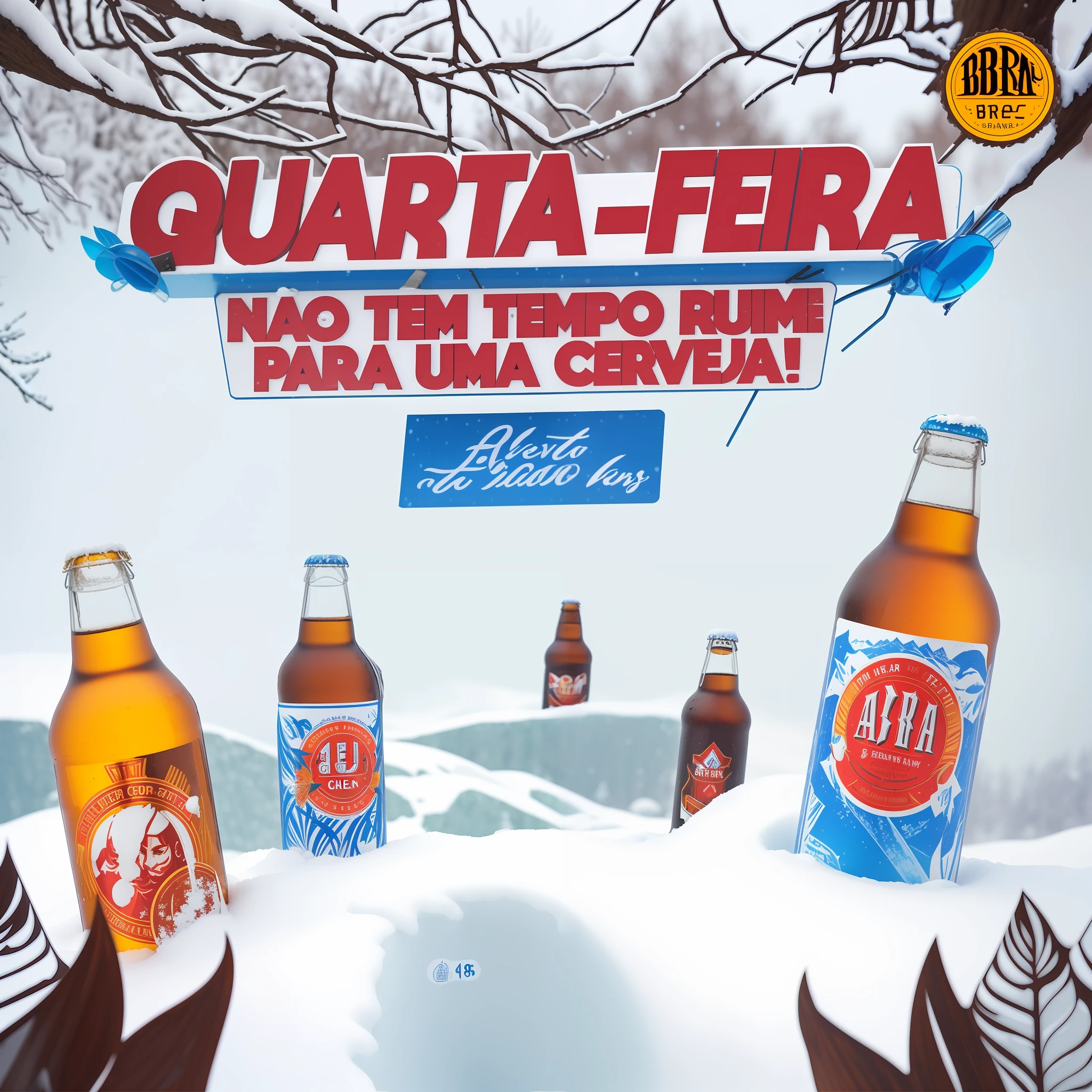 arafed advertisement for a beer company with a snowy background, beer advertisement, ad image, asuras, beer, bitter, 8 h, by Tuvia Beeri, by Félix Arauz, album artwork, description, 3945074687, wow, 1614572159