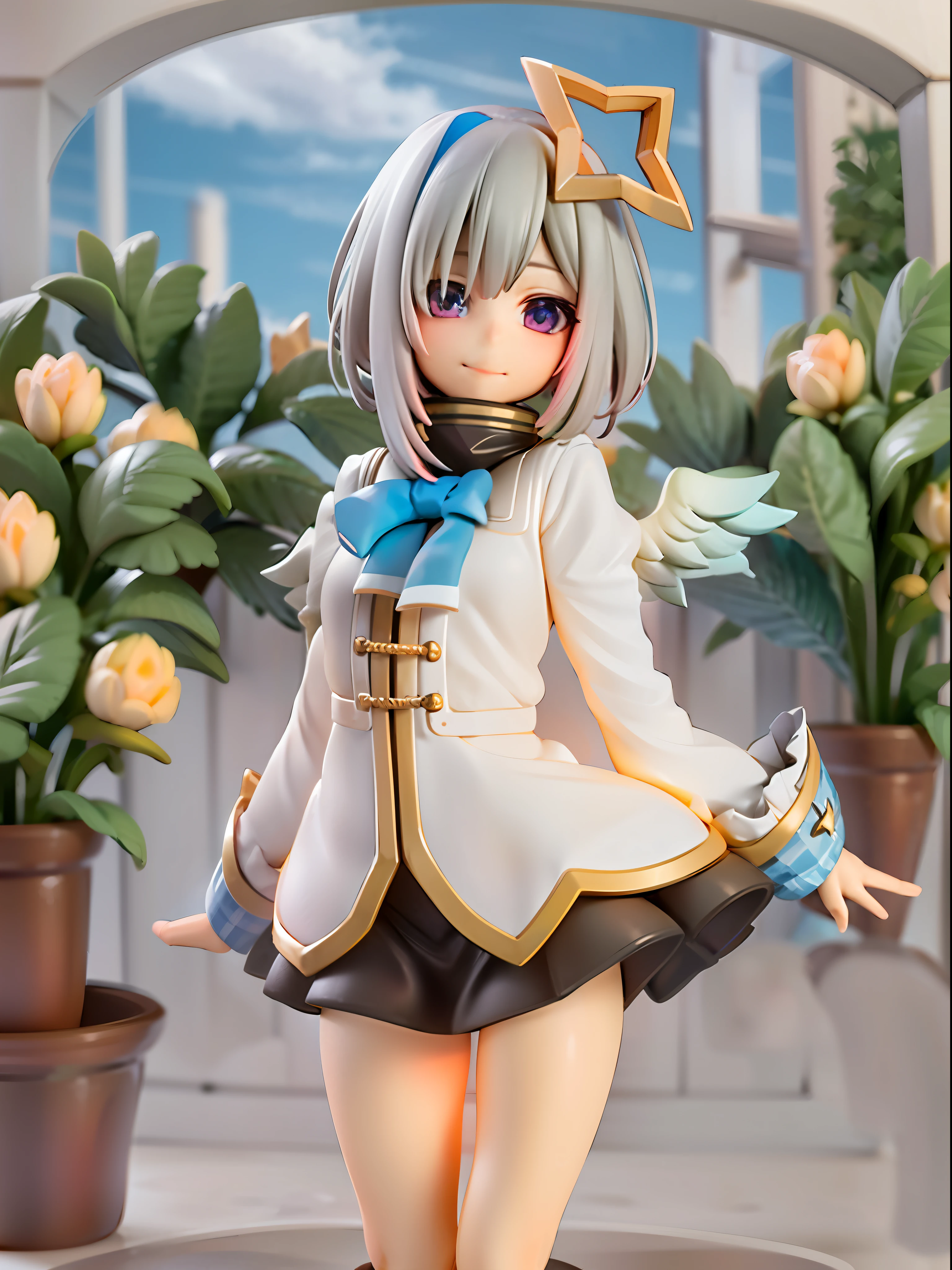 girl, amane kanata, star halo, solo, halo, angel wings, multicolored hair, asymmetrical hair, single hair intake, purple eyes, armband, 
BREAK
short hair, blue hair, grey hair, socks, long sleeves, grey jacket, bob cut, streaked hair, bangs, frills, wide sleeves, white wings, 
BREAK
black skirt, hair over one eye, frilled skirt, blue socks, sleeves past wrists, turtleneck dress, miniskirt, blue wings, cowboy shot, walking, garden,
BREAK
full body, chibi, [realistic], [3d], (3dcg), ((octane render)), [fisheye], smile, closed mouth, full body
BREAK
(8k, RAW photo, best quality, masterpiece:1.2), ultra high res, (((realistic, photo-realistic))), professional lighting, detailed lighting, professional photography, fisheye, dynamic angle, high quality, high res, extremely detailed, bloom
BREAK
depth of field, sketch, sharp focus, soft lighting, good composition, god light highlight, detailed, (((photorealistic details))), detailed skin, to8contrast style